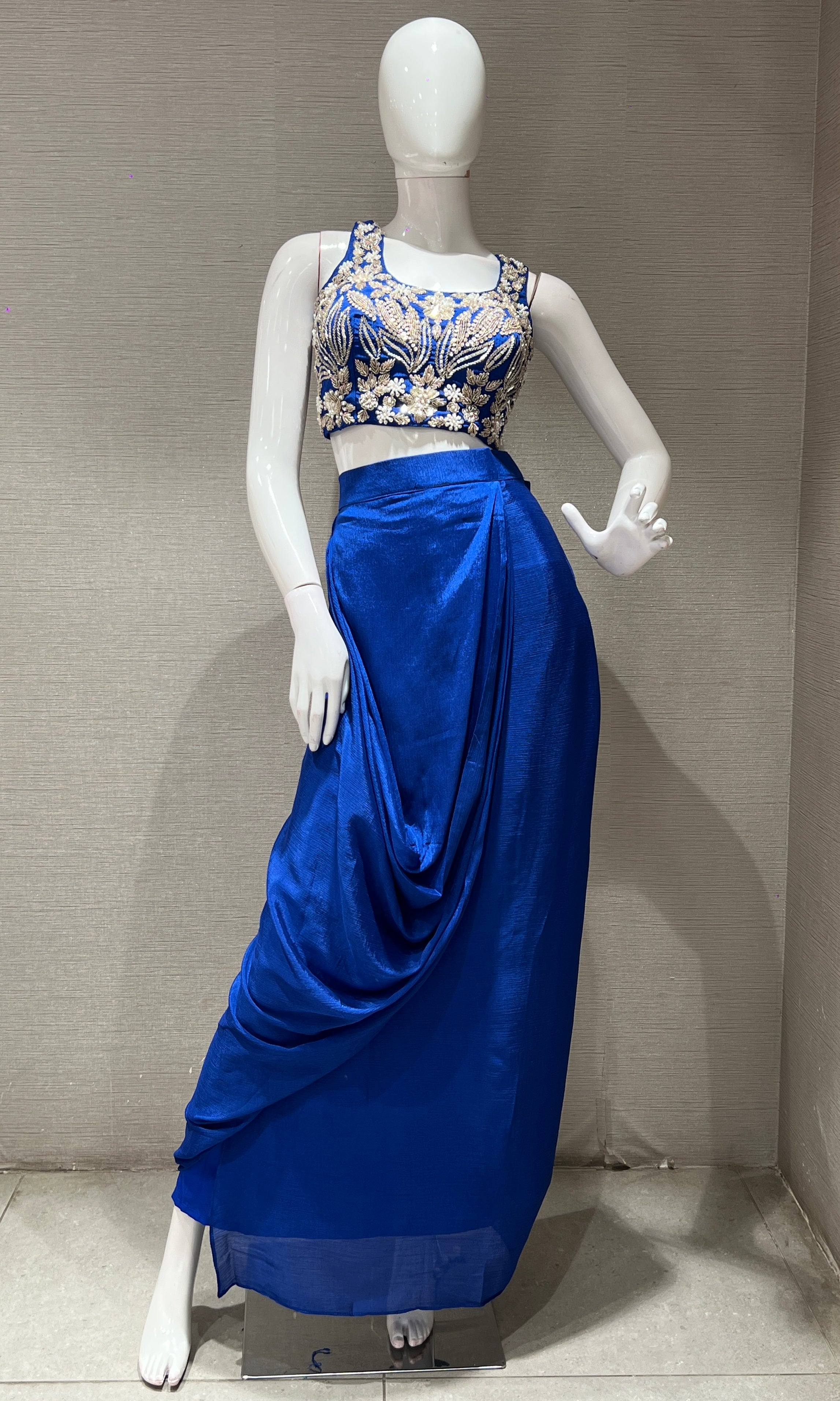 blue EMBROIDERED BLOUSE WITH draped skirt & CAPE