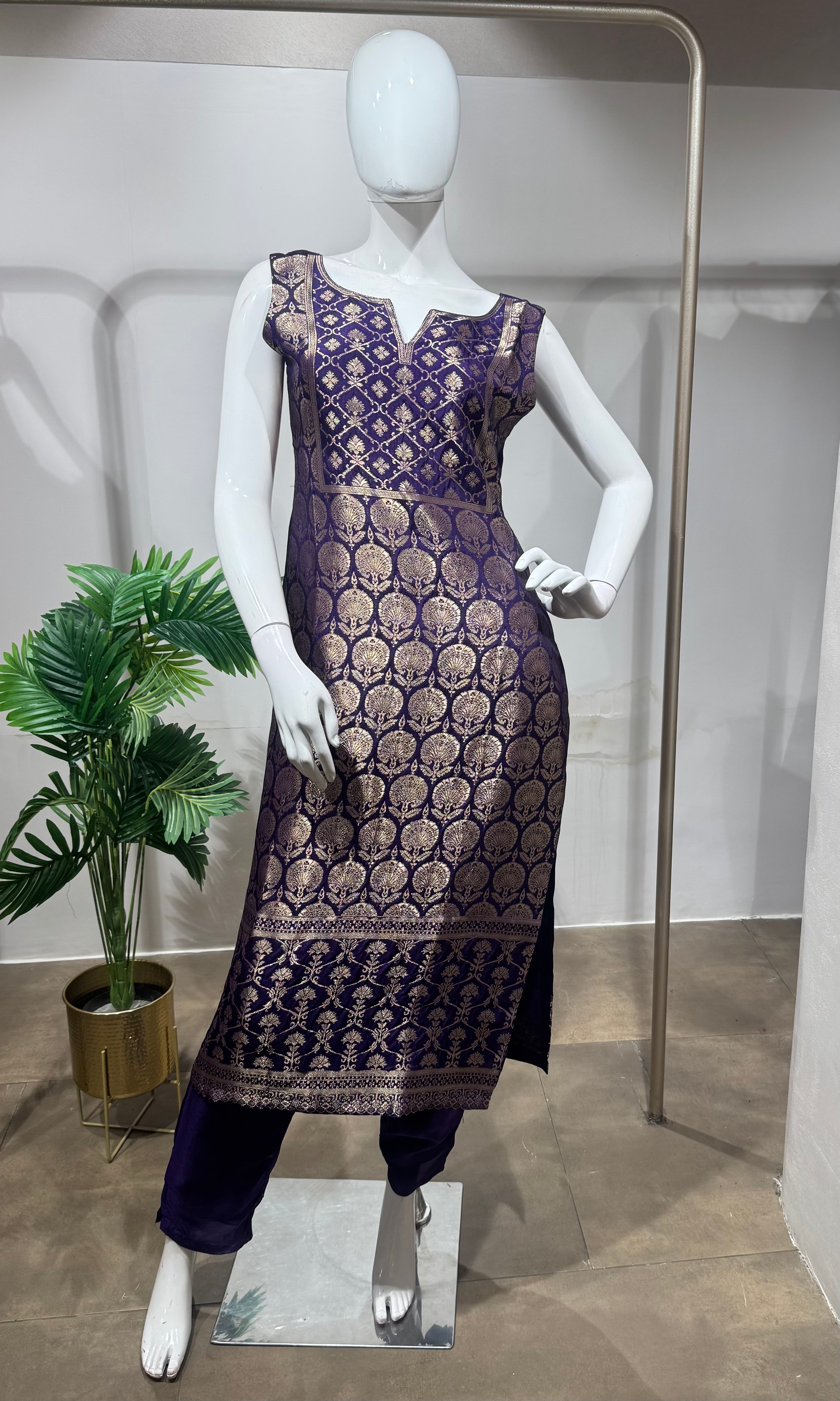 Purple golden banarasi kurta set
