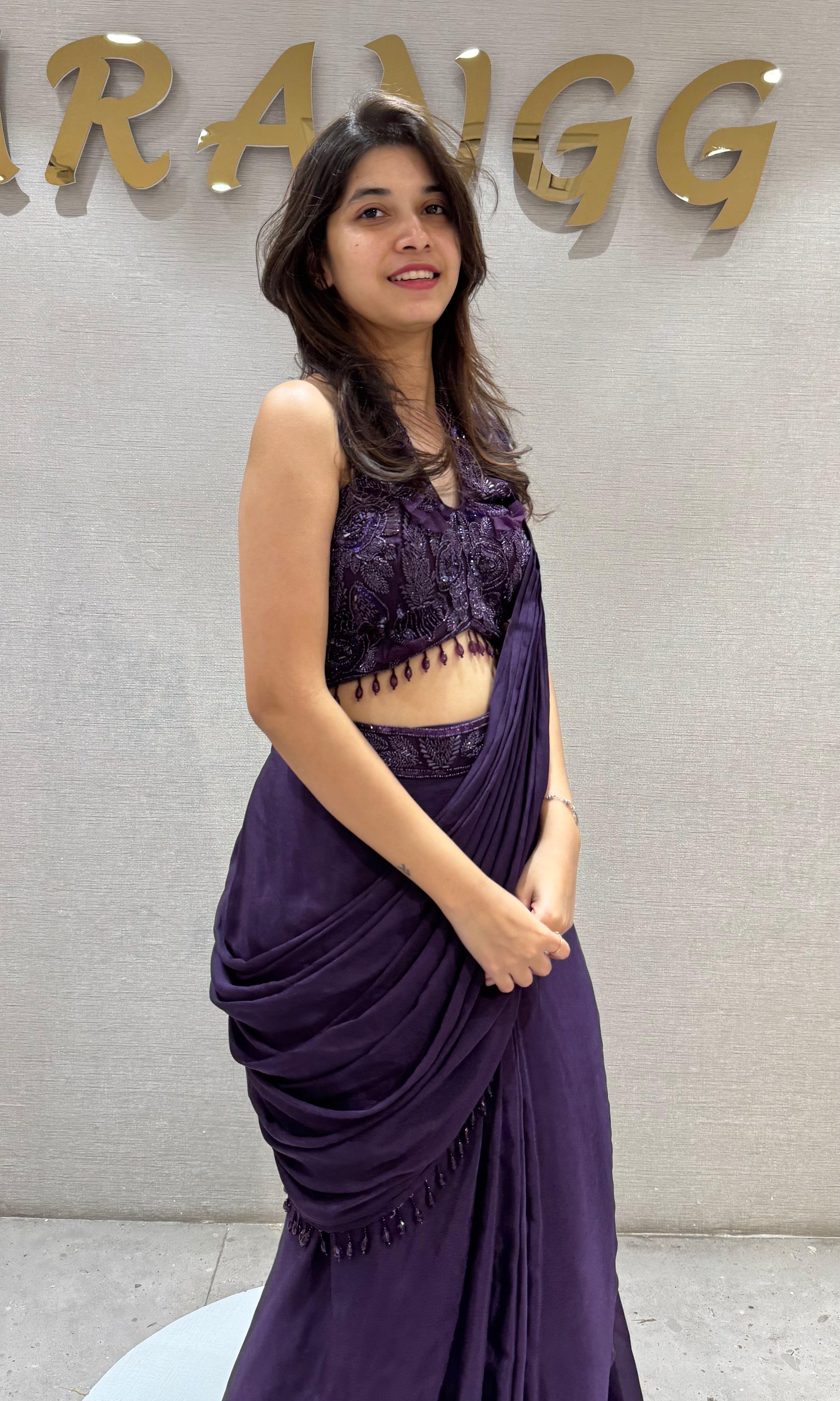 Wine Embellished Ruffle Drape Saree