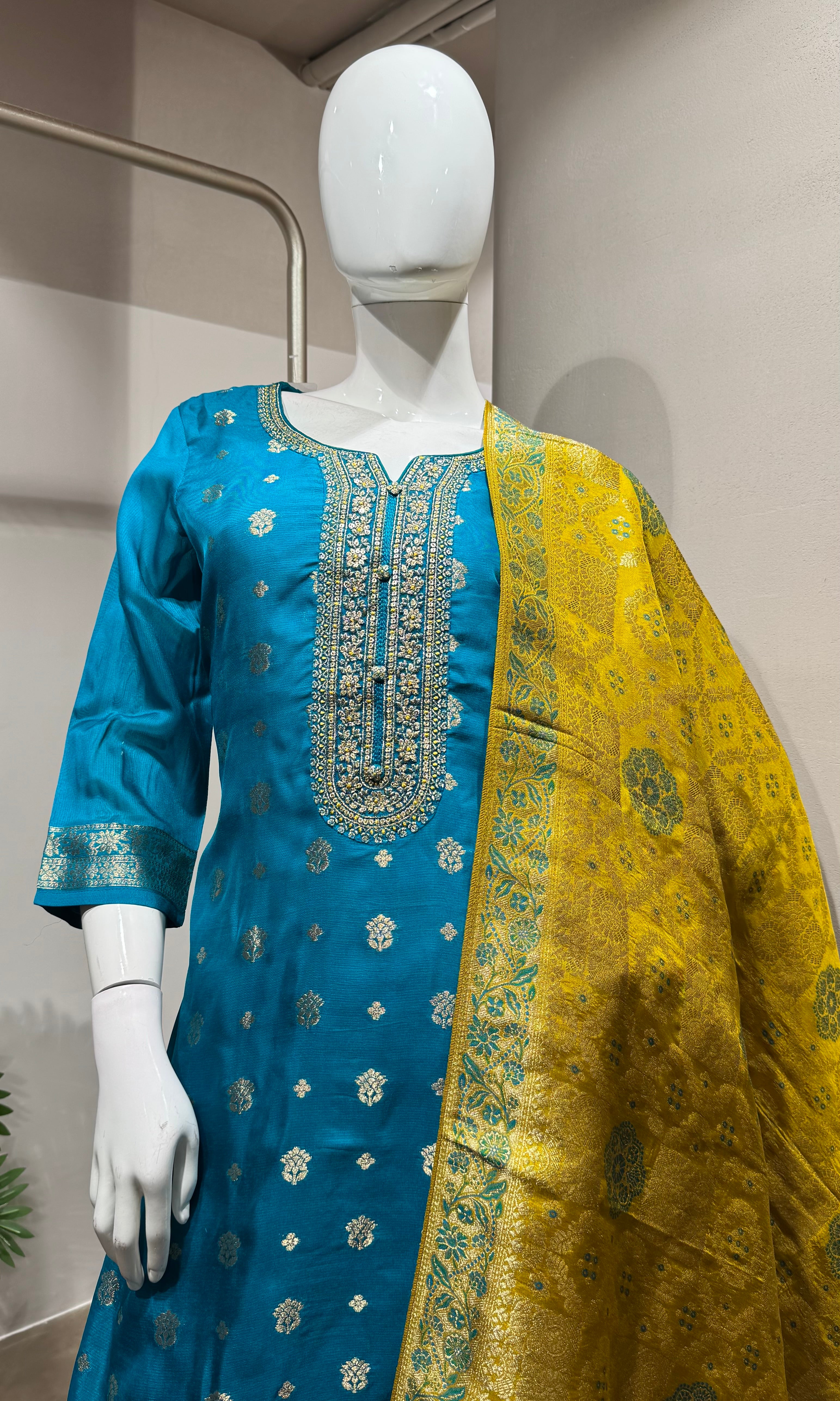 Rama blue woven design silk blend kurta set