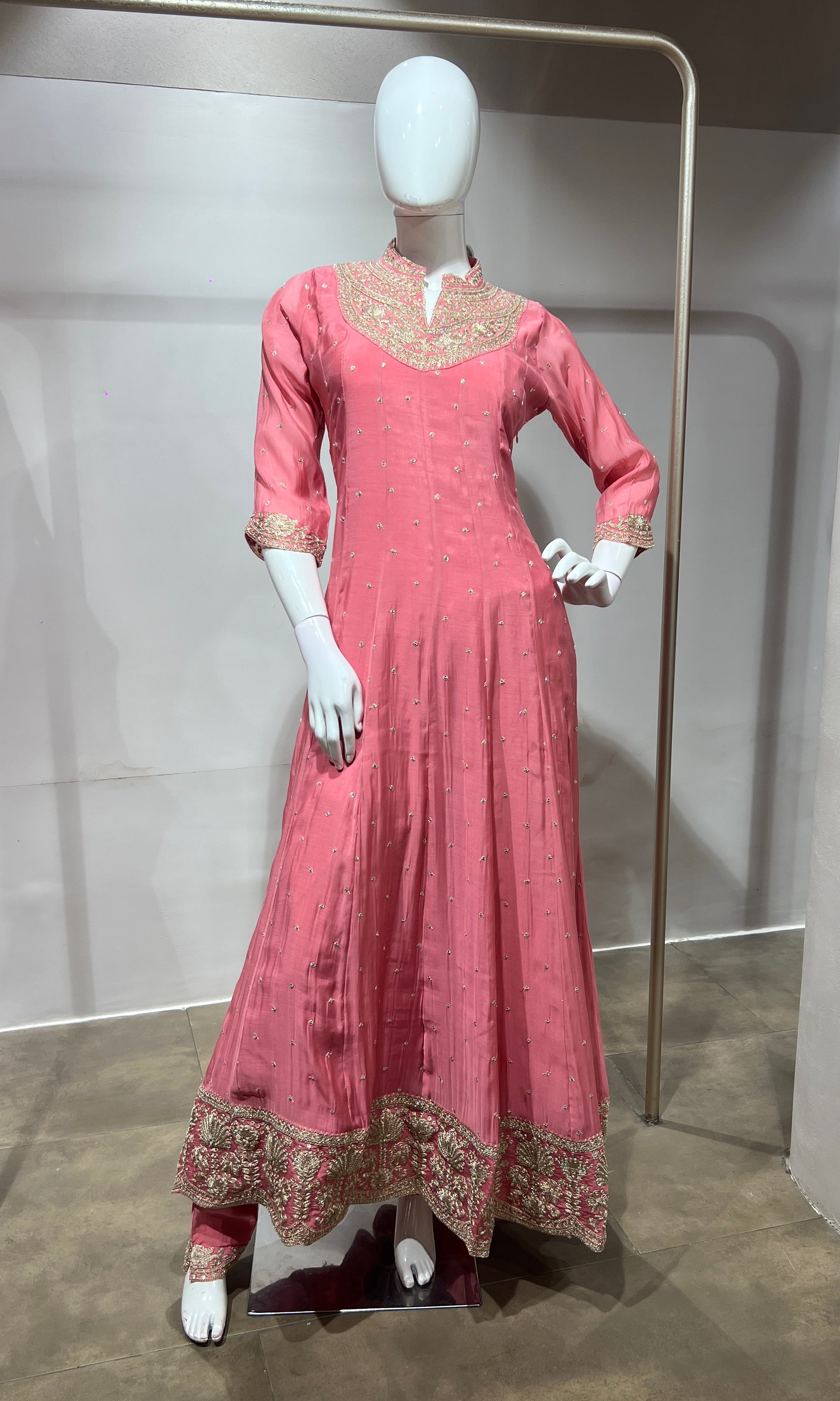 blush pink Silk Anarkali Suit Set with Scallop Dupatta