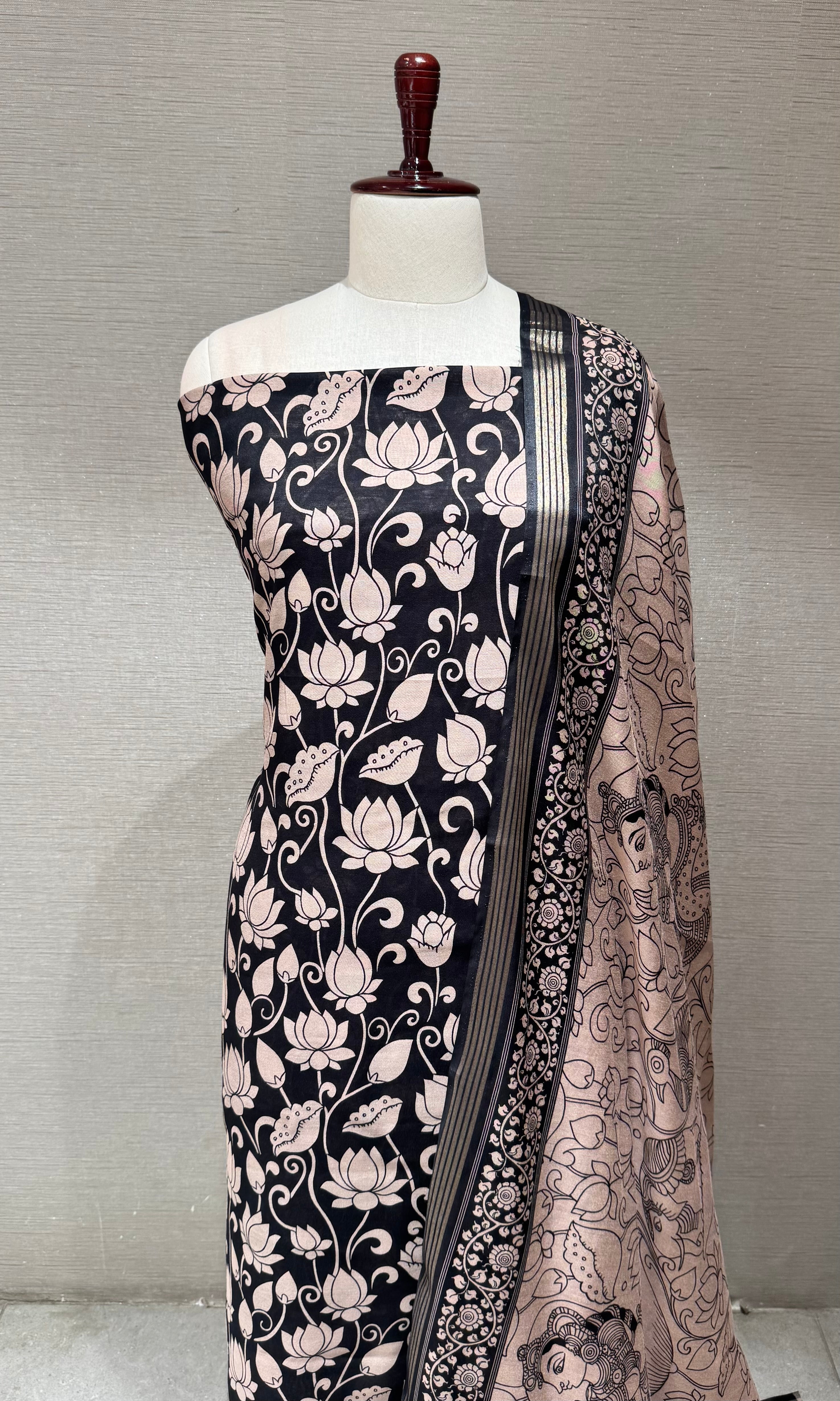 Black and Beige Floral Printed Dress material