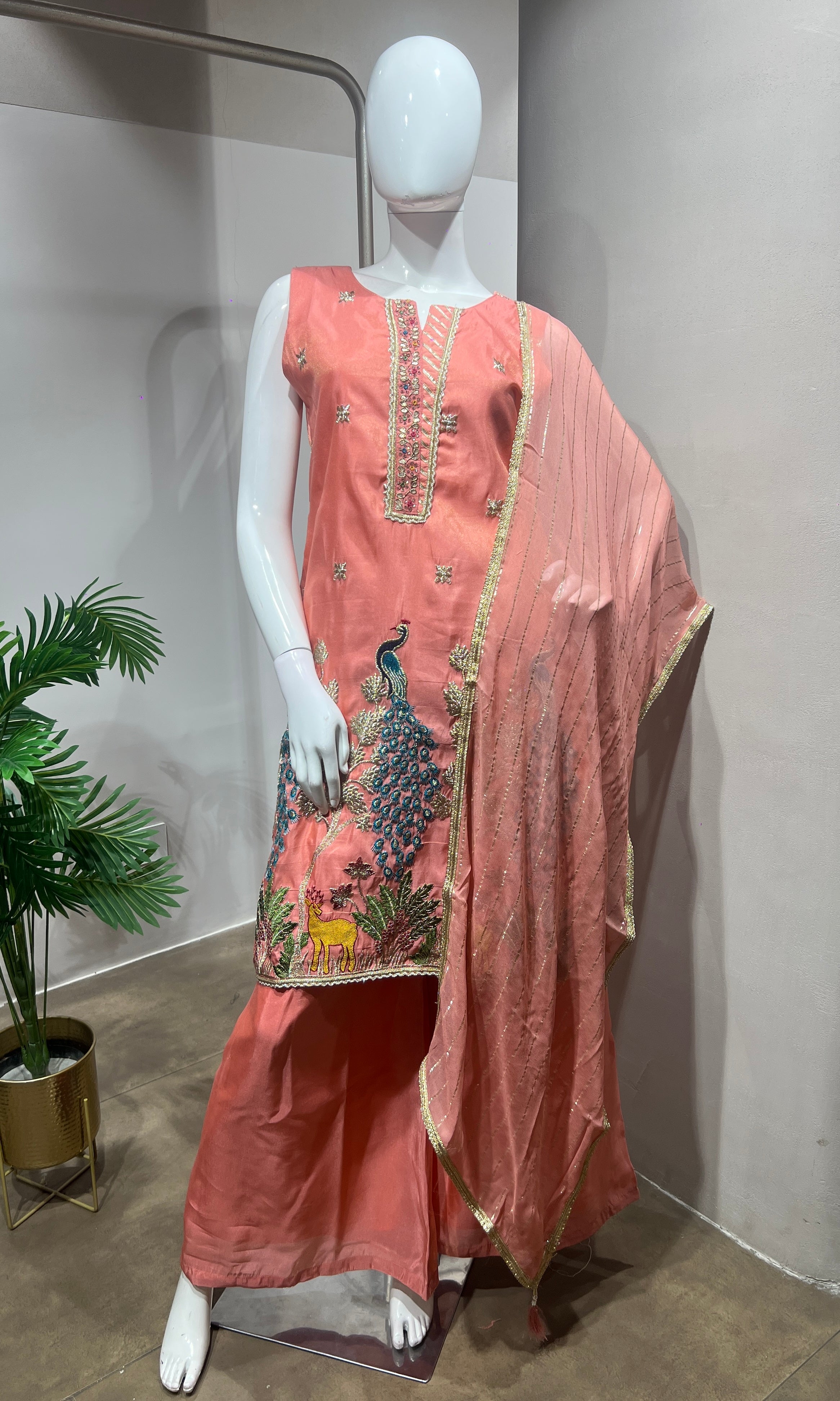 Peach Peacock Embroidered Palazzo SET