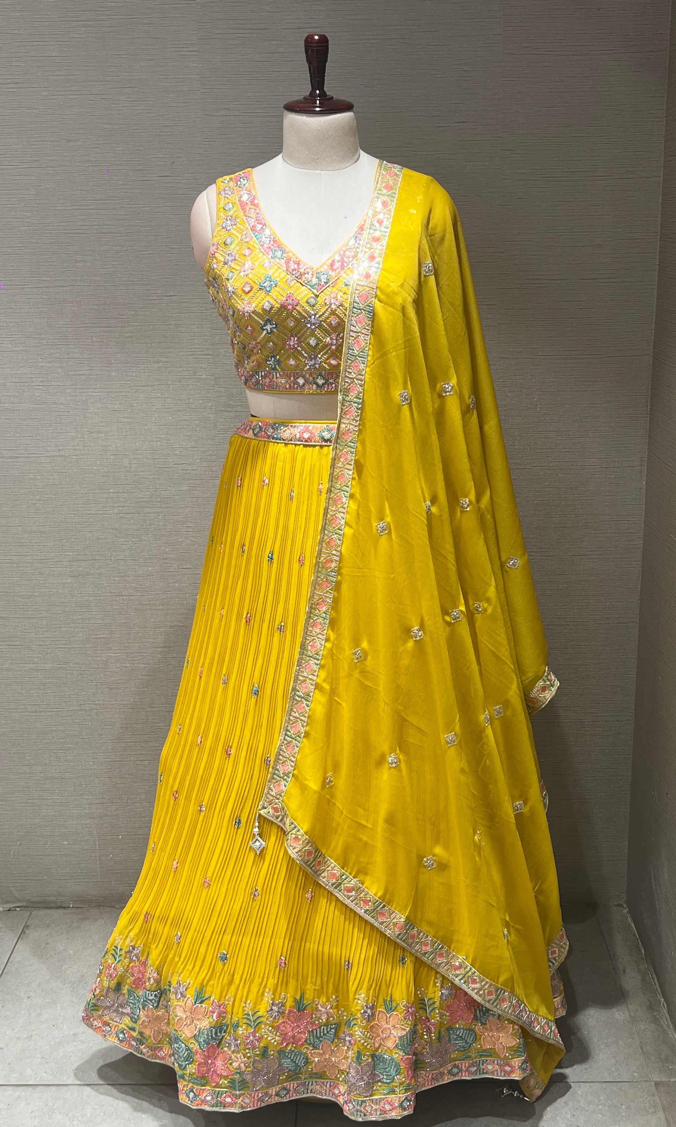 Yellow floral embroidered lehenga
