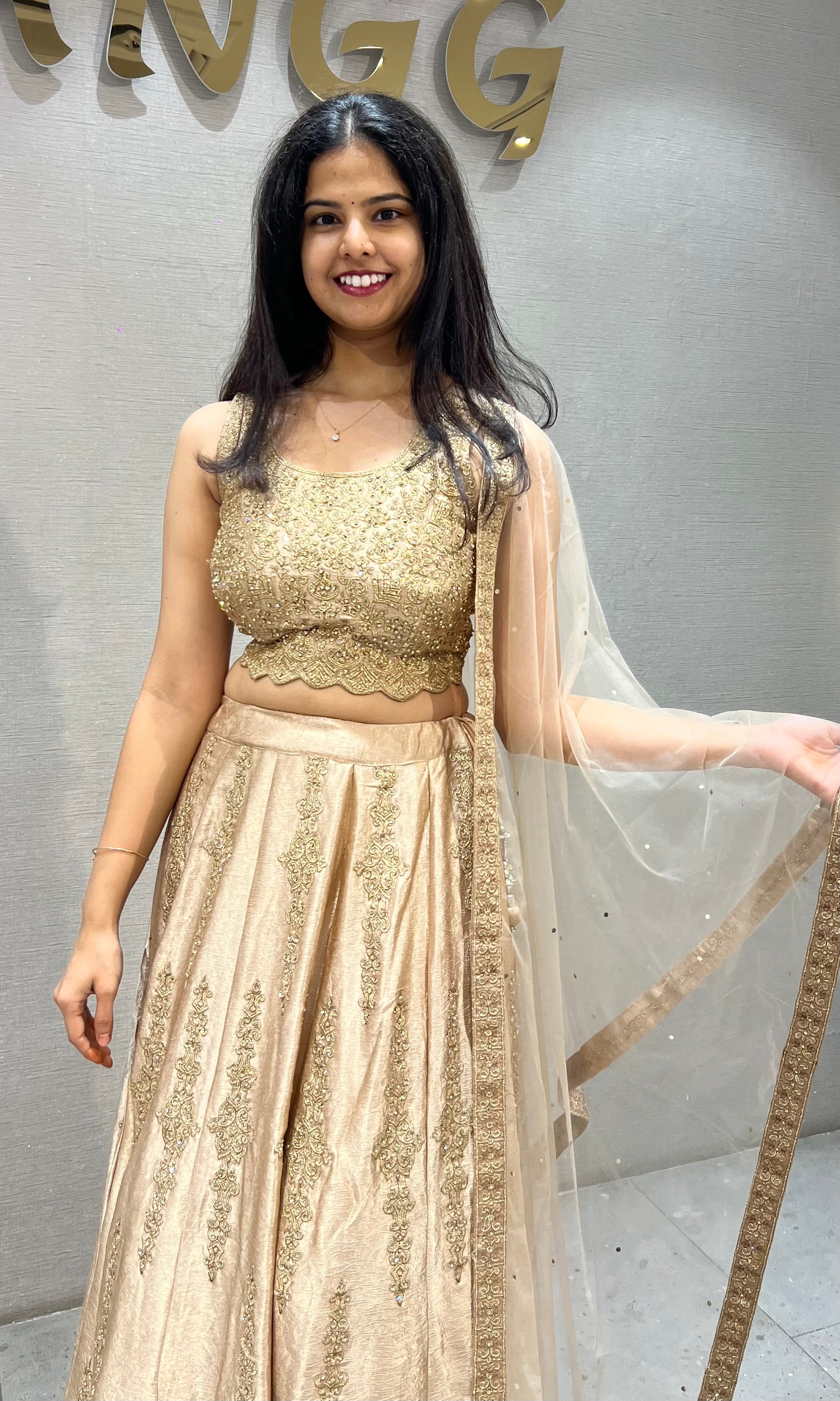 Gold Satin silk Embroidered Lehenga with Sheer net Dupatta
