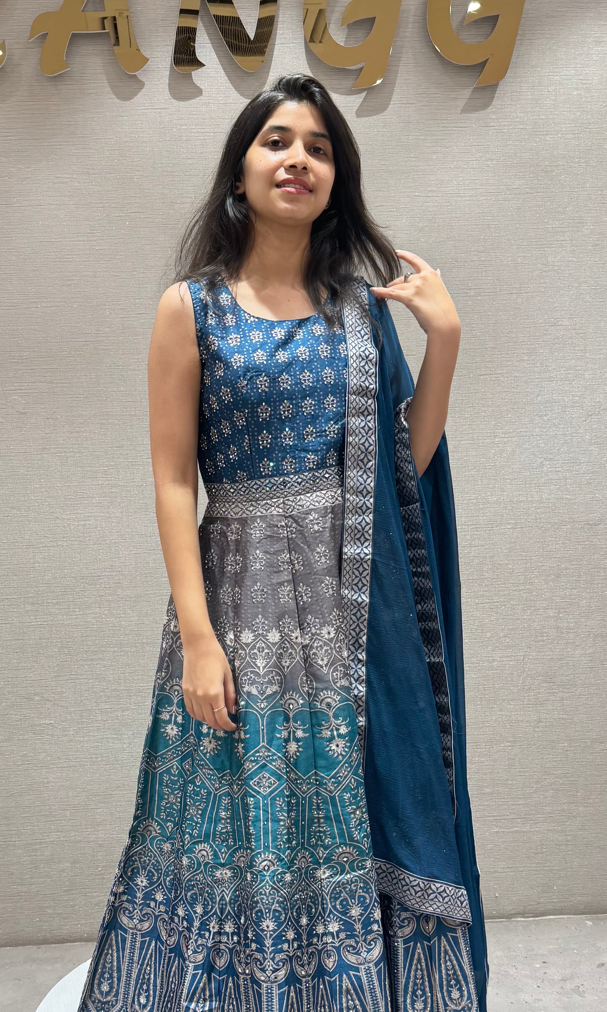 blue and grey embroidered anarkali