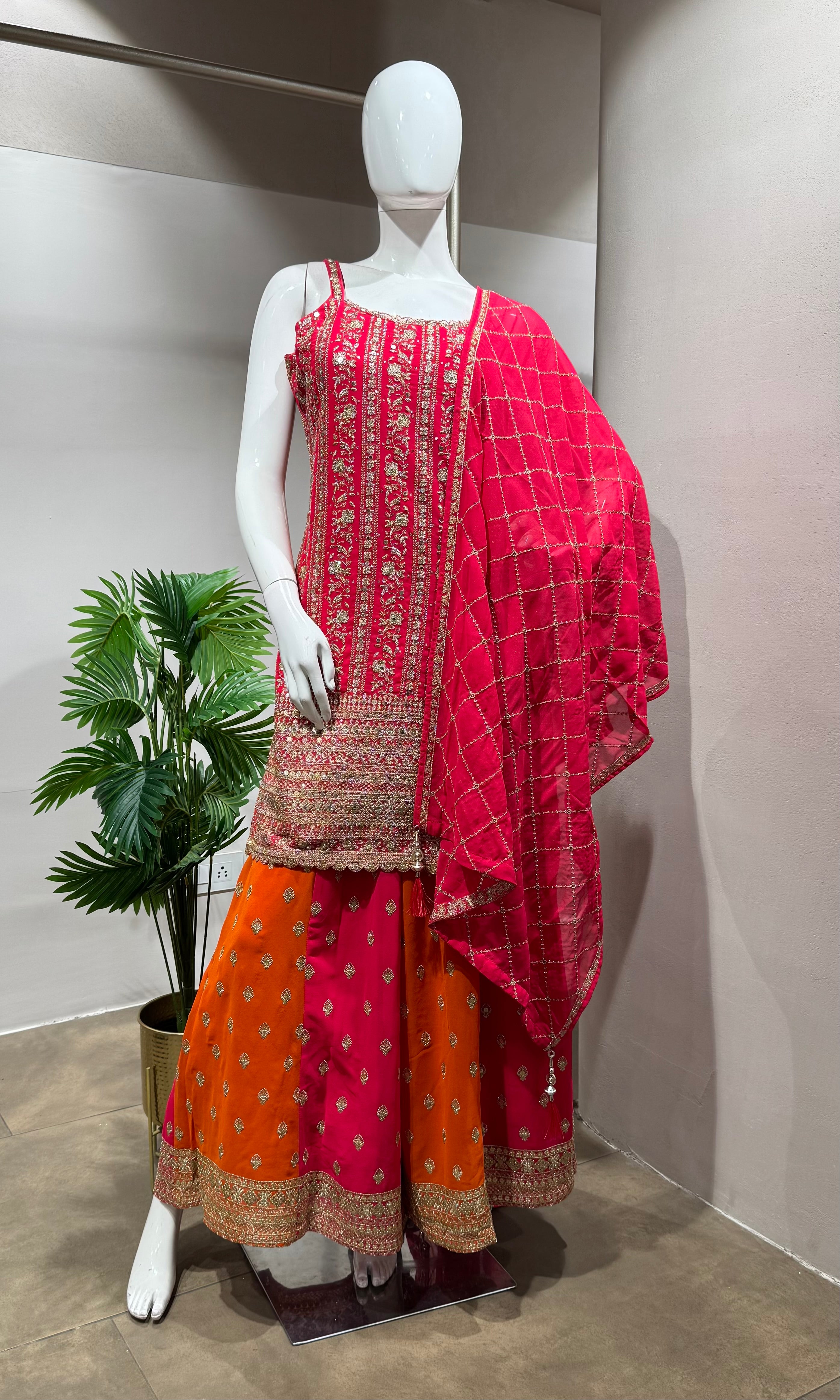 PINK AND ORANGE EMBROIDERED SHARARA SET