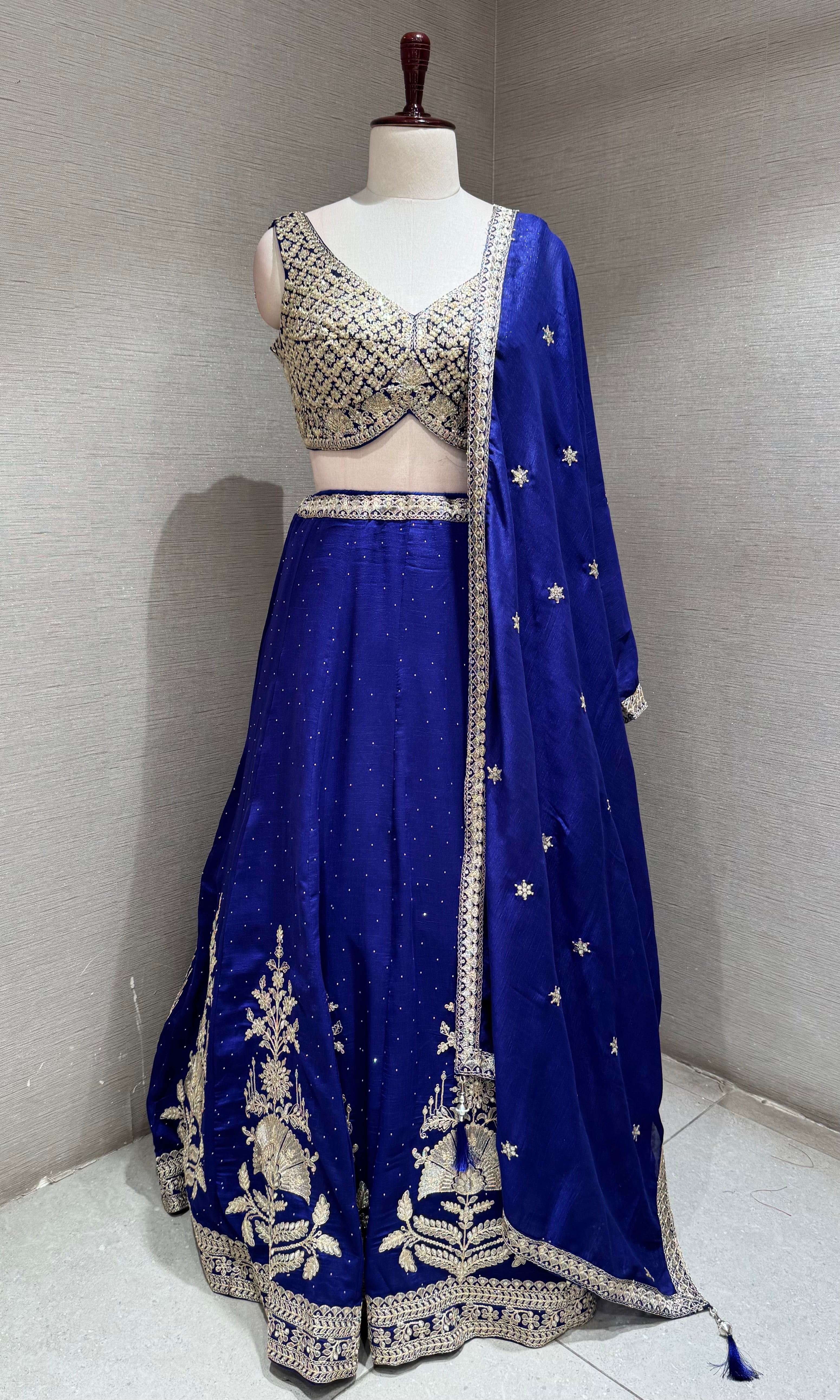 royal blue lehenga set with intricate gold & silver embroidery