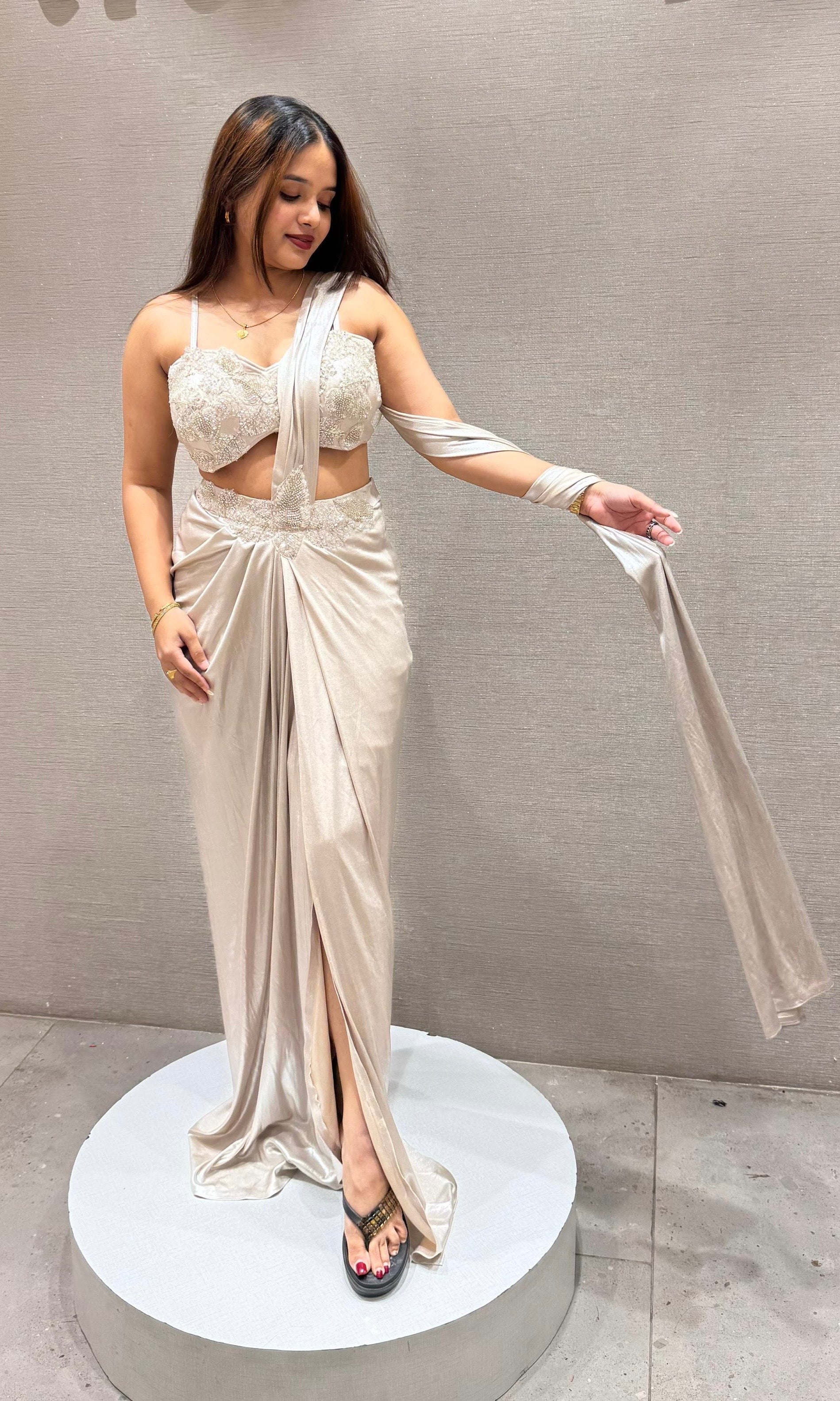 Ivory Embellished Drape Saree with Cape