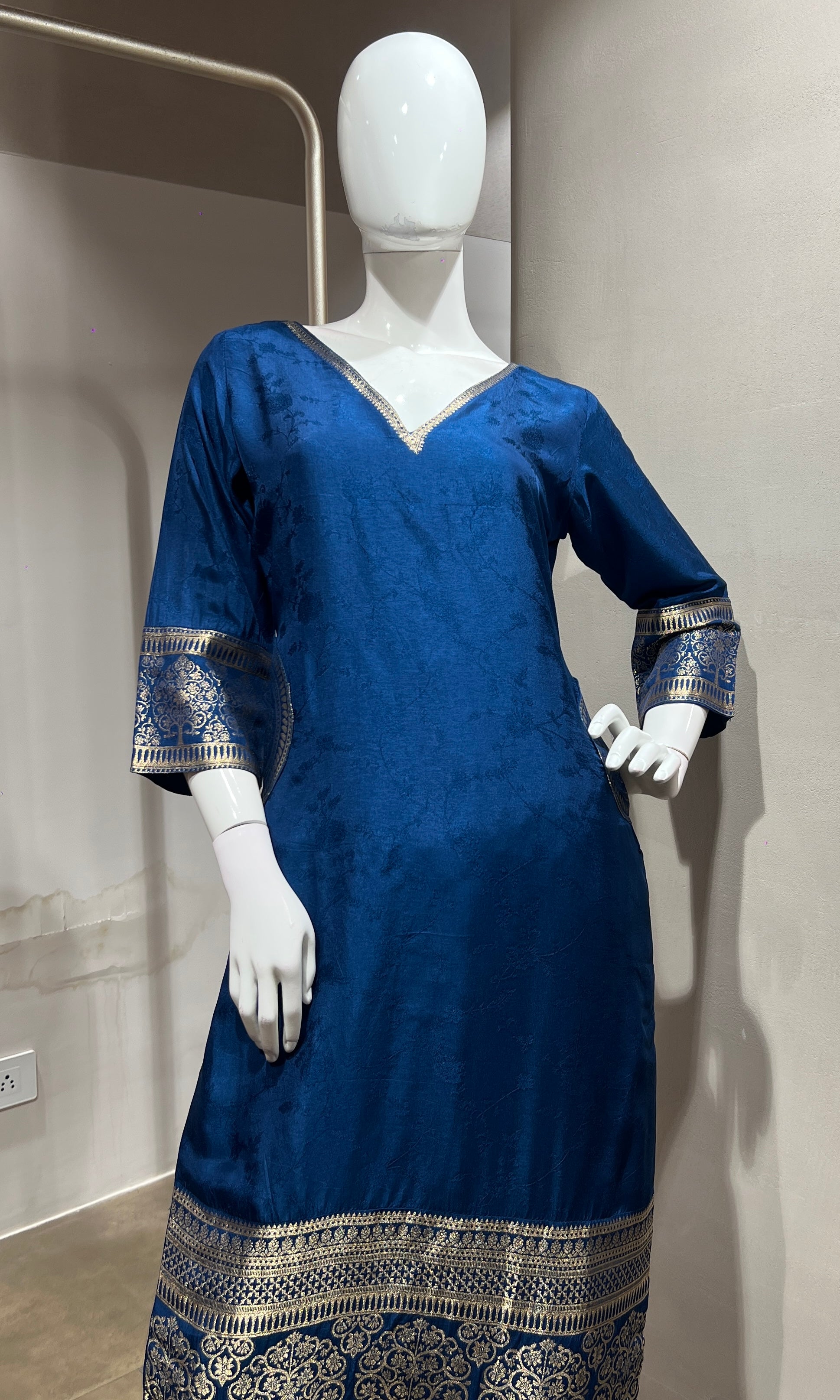 Peacock Blue Silk Straight Kurta Set with Gold Border