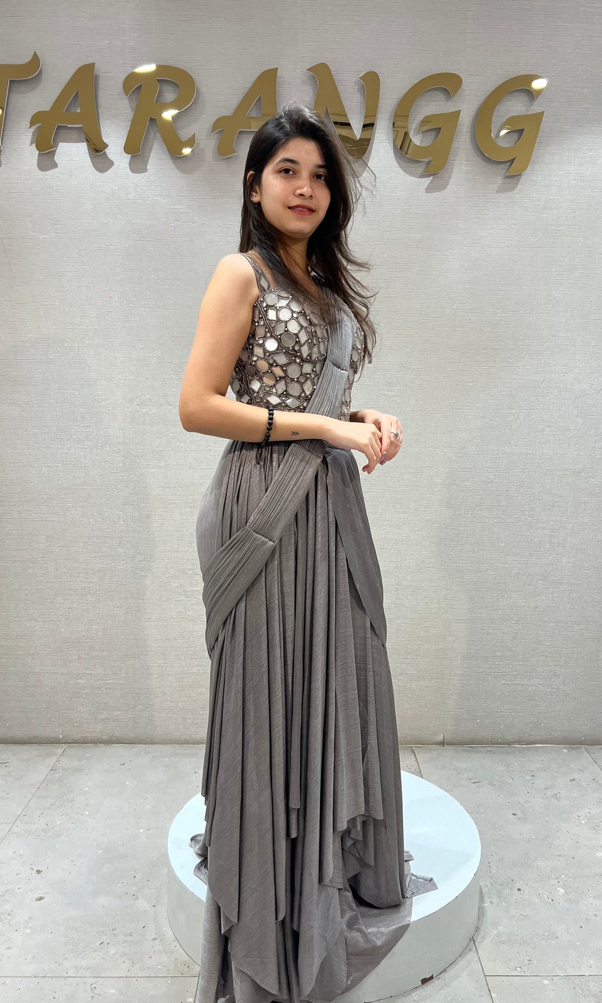 Metallic Grey Embellished Saree with corset blouse