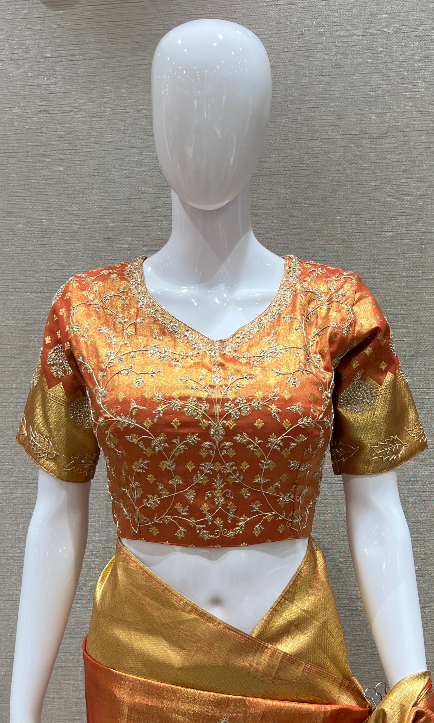 Orange and gold saree with ready blouse