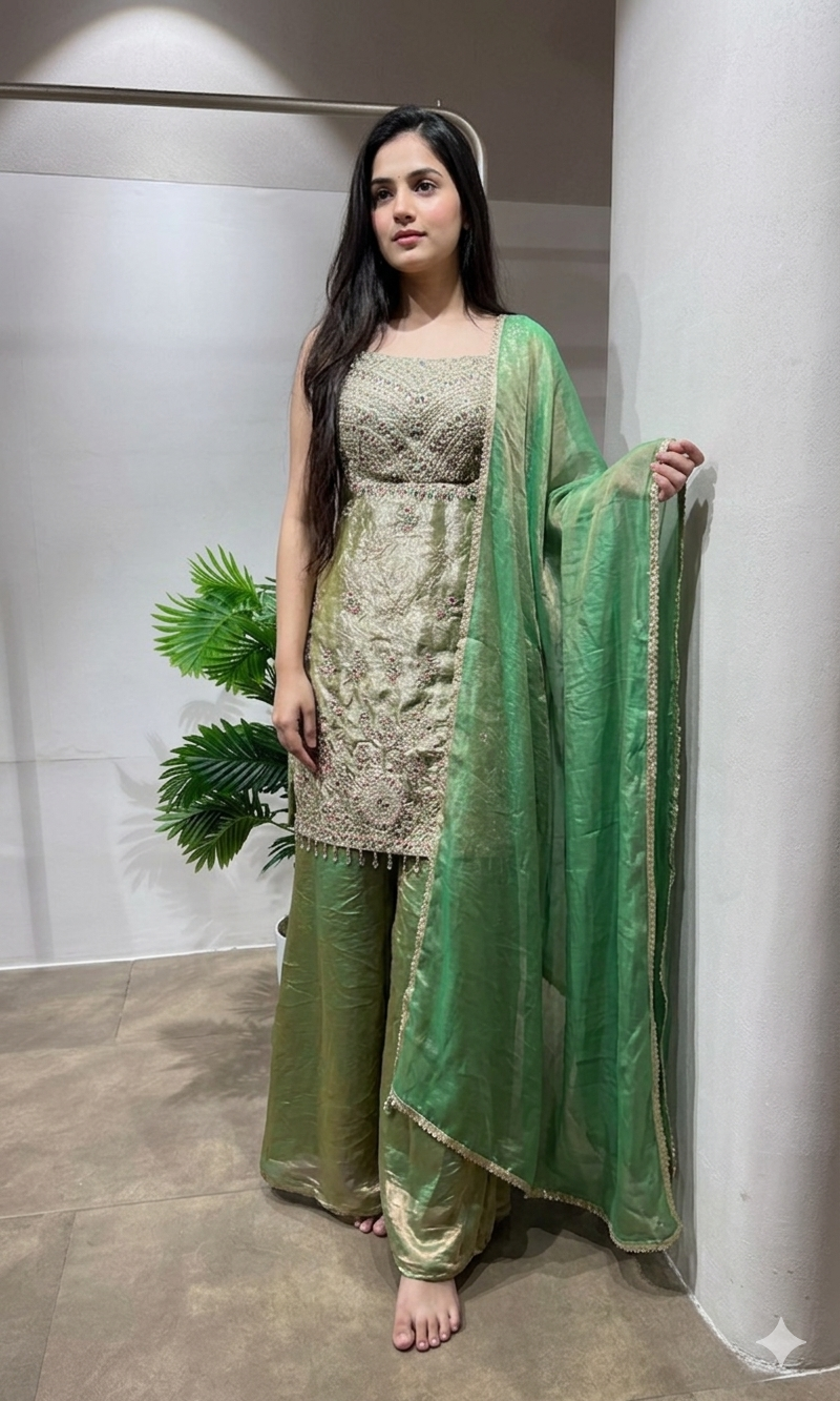 GREEN golden embroidered sharara set