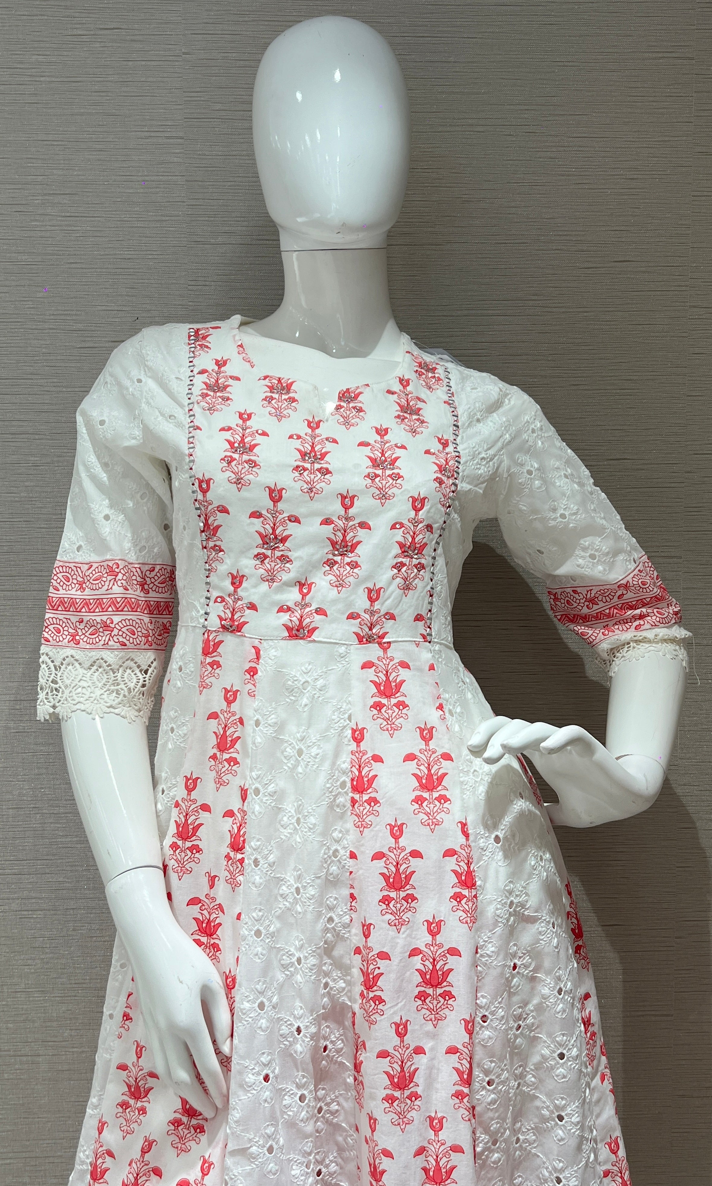 white and pink printed kurta set