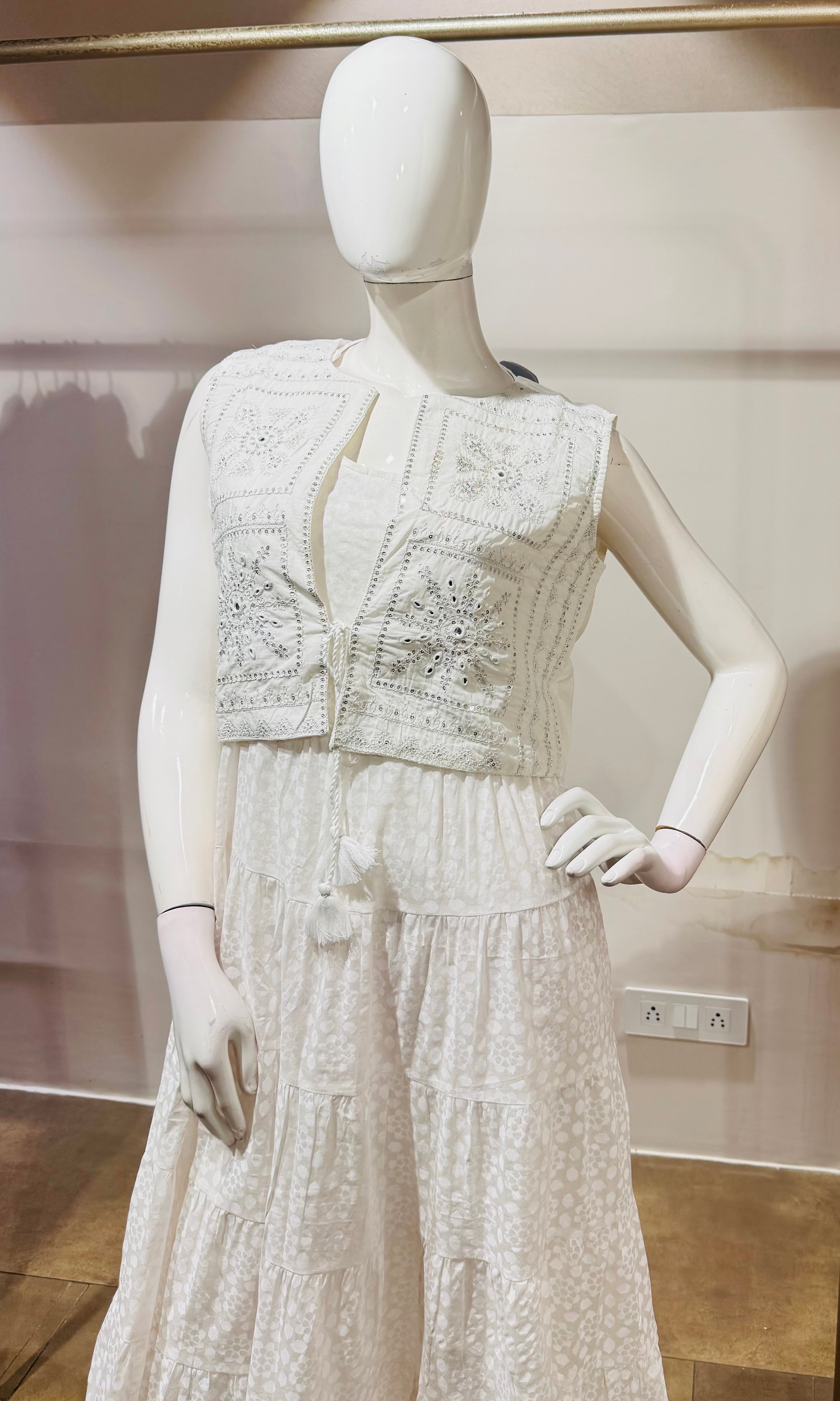 White Chikankari Embroidered frock with Cropped Jacket