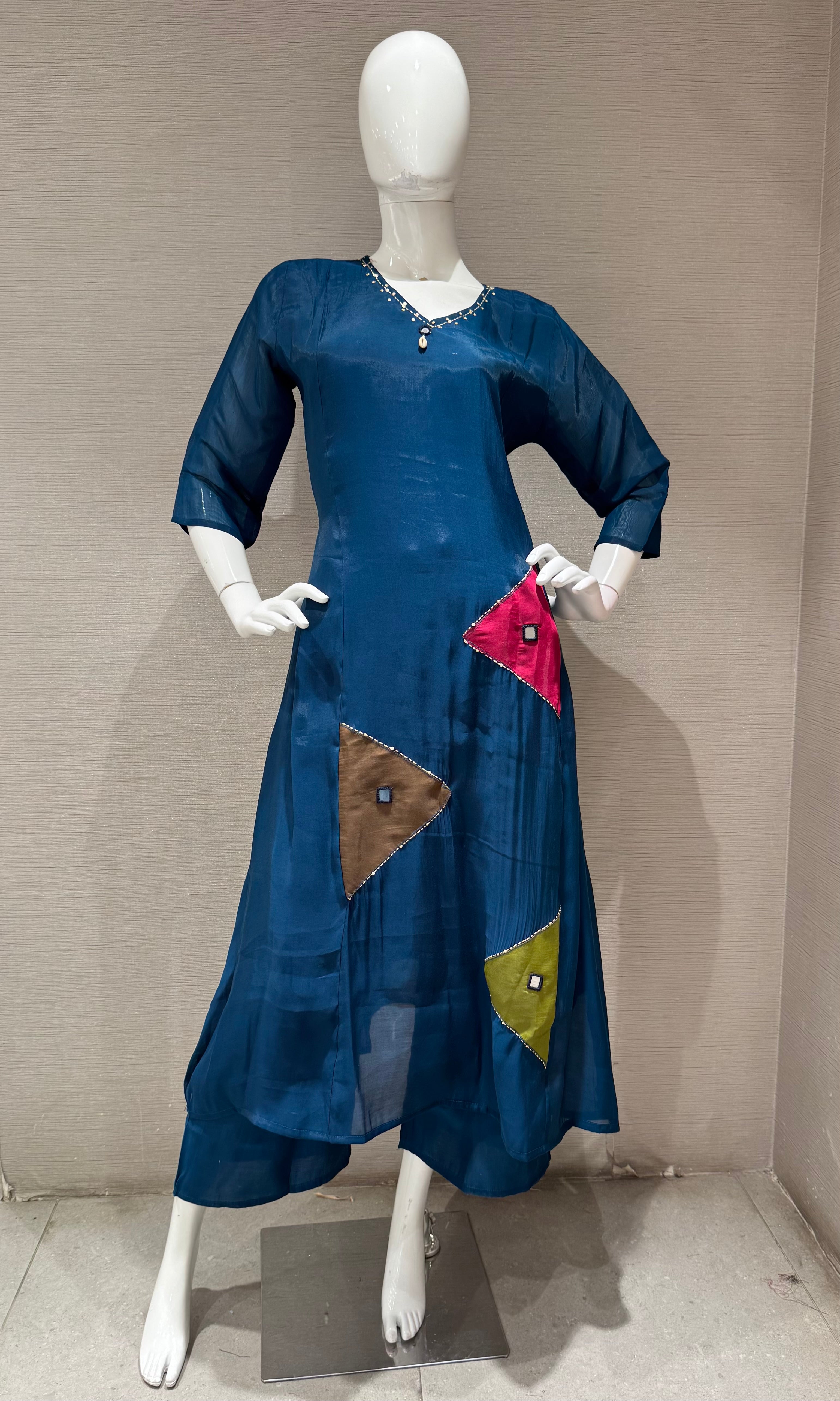 Navy Blue Chanderi Kurta Set with Draped Dupatta