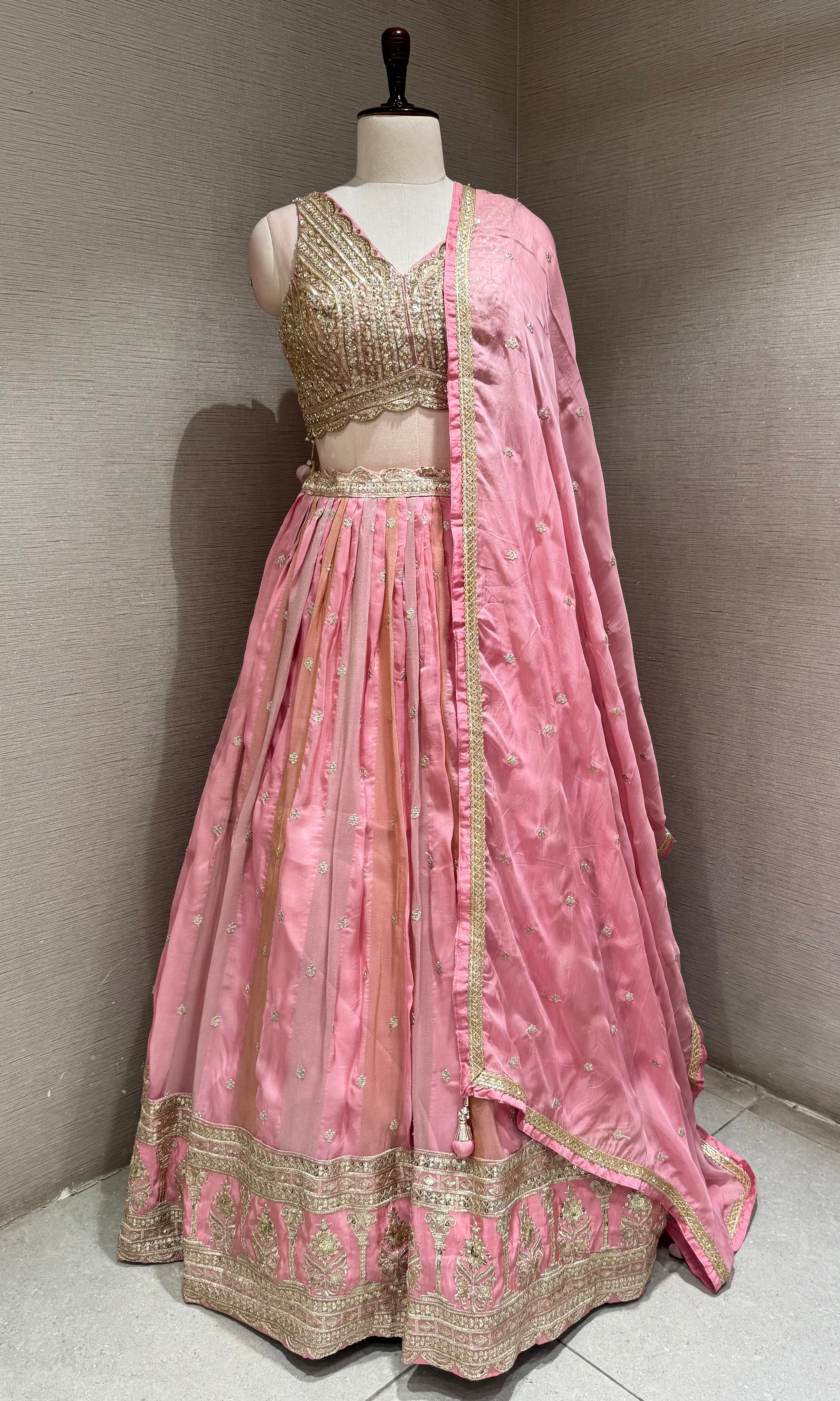 Blush Pink Silk Lehenga Set with Intricate Gold Borders