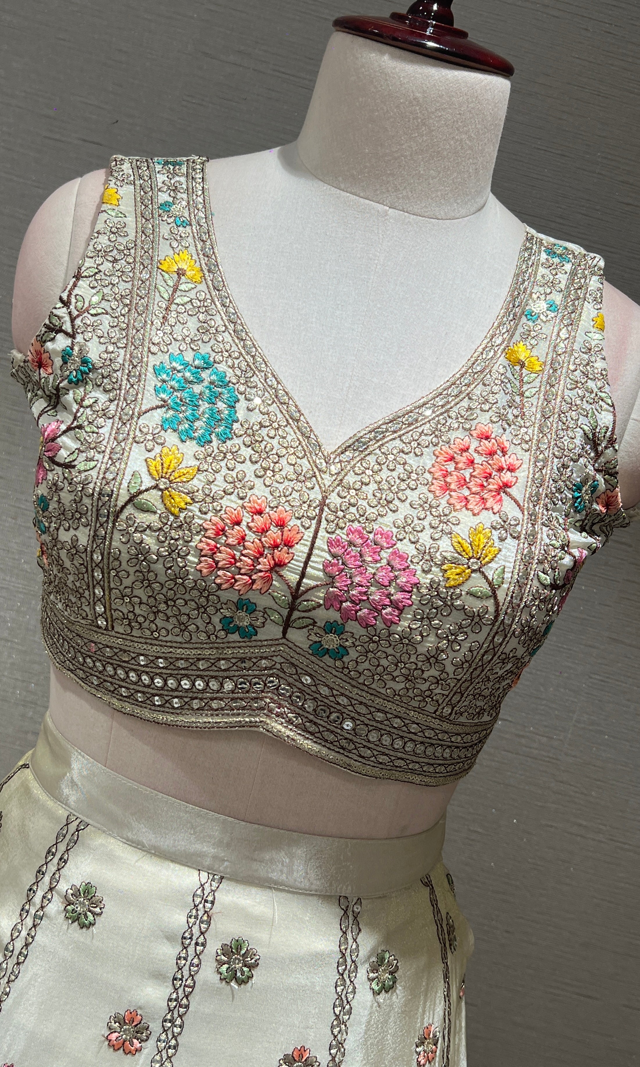 Half white floral embroidery Lehenga
