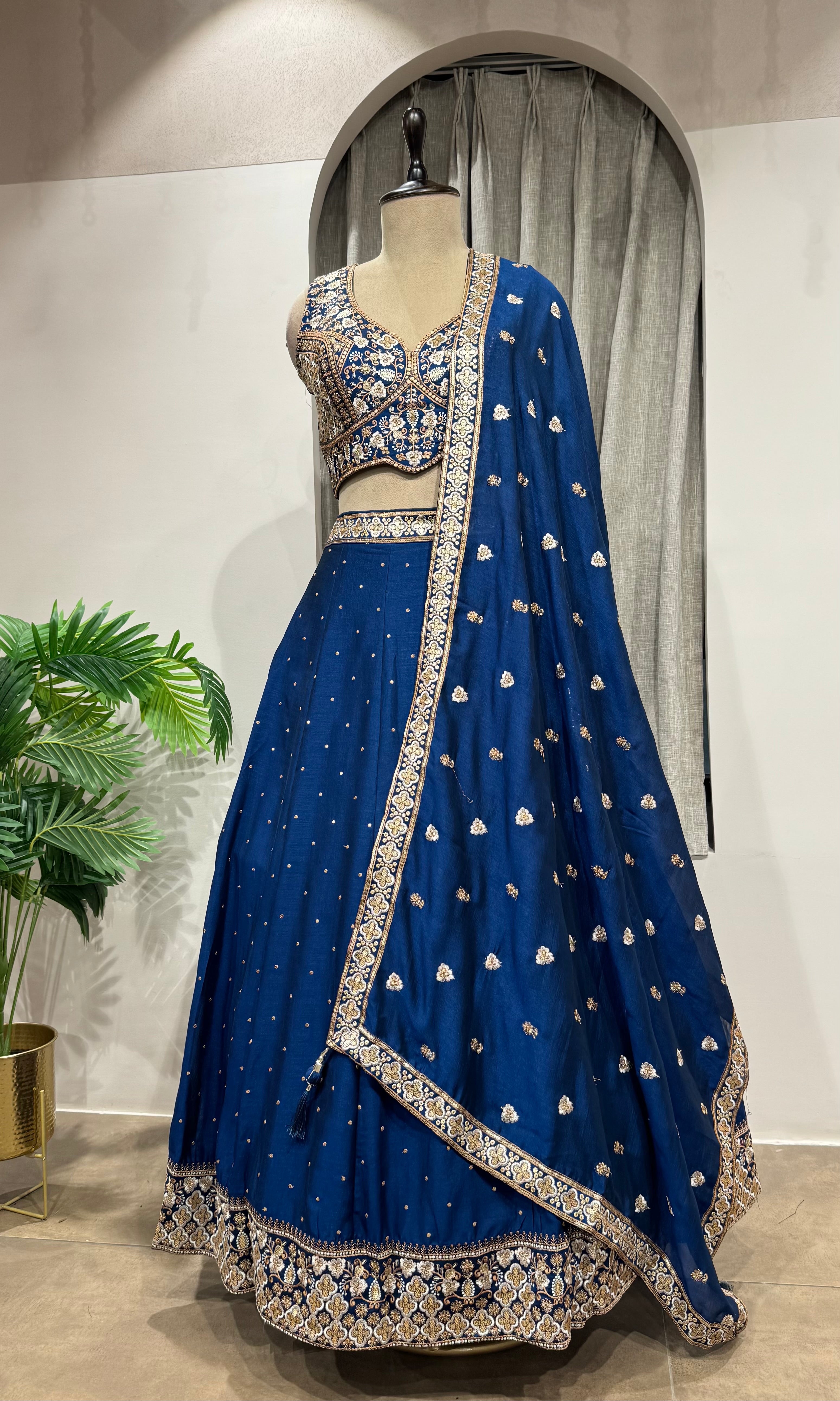 blue intricate silver & gold embroidery Lehenga