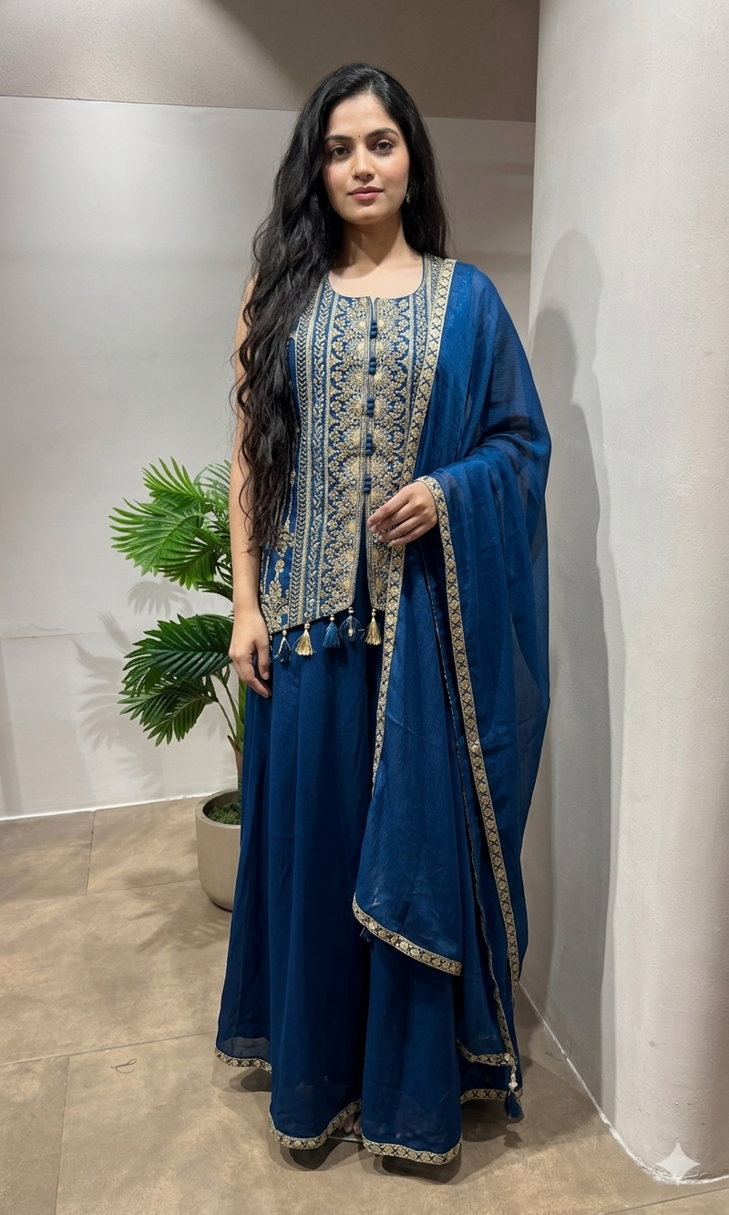 BLUE golden embroidery peplum palazzo set