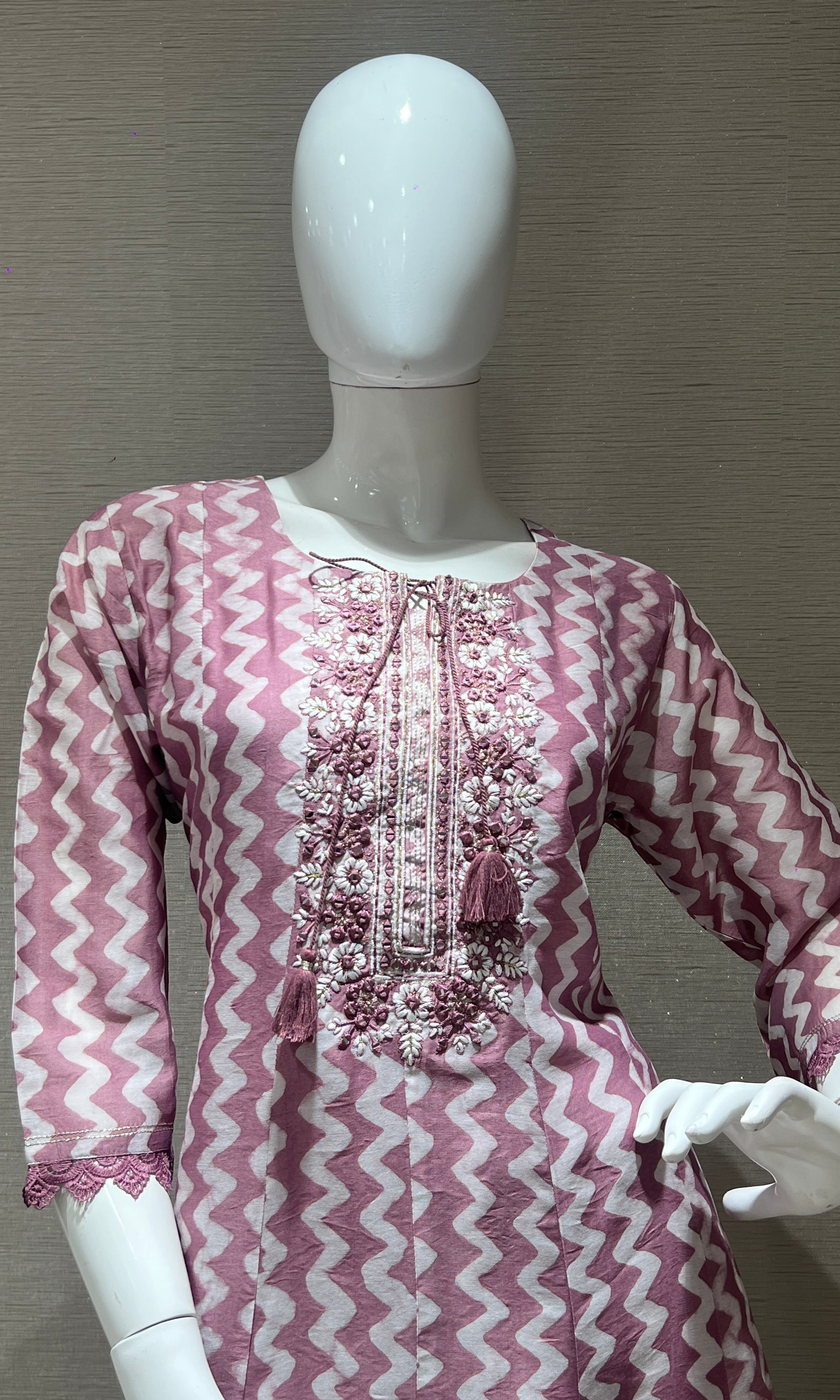 Elegant Pink and White Chevron Printed kurta with Embellished Neckline