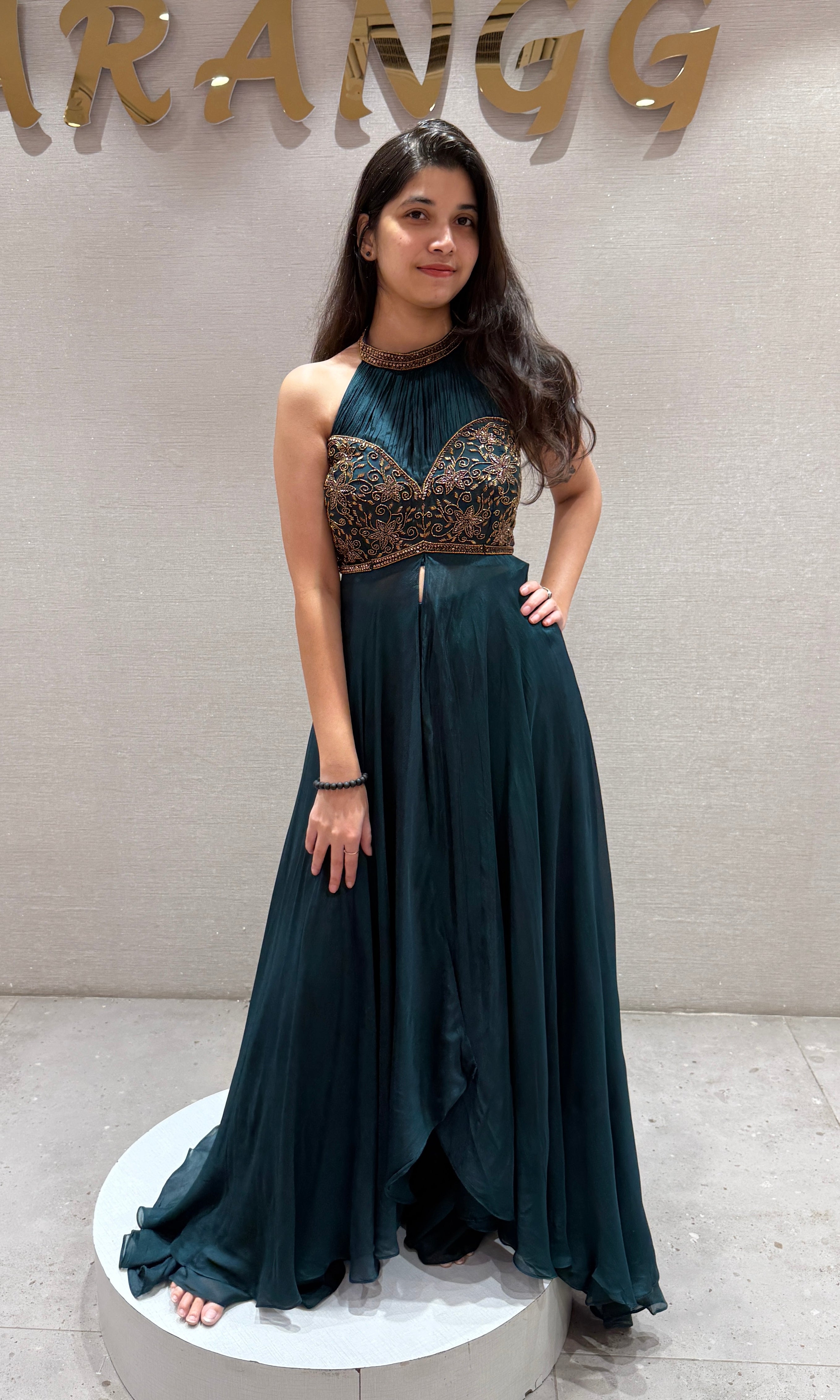 Peacock blue halter neck front silt gown