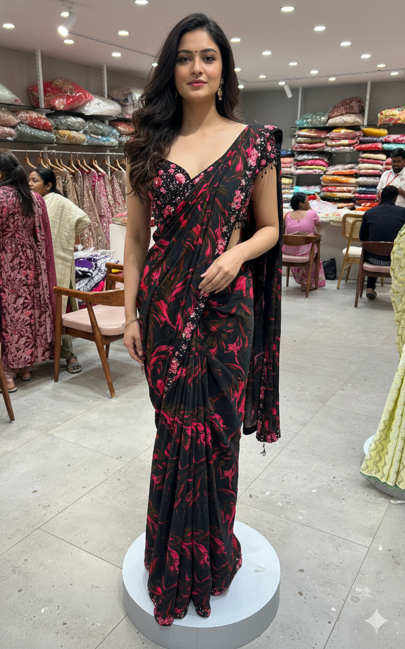 Black floral designer saree with ready blouse