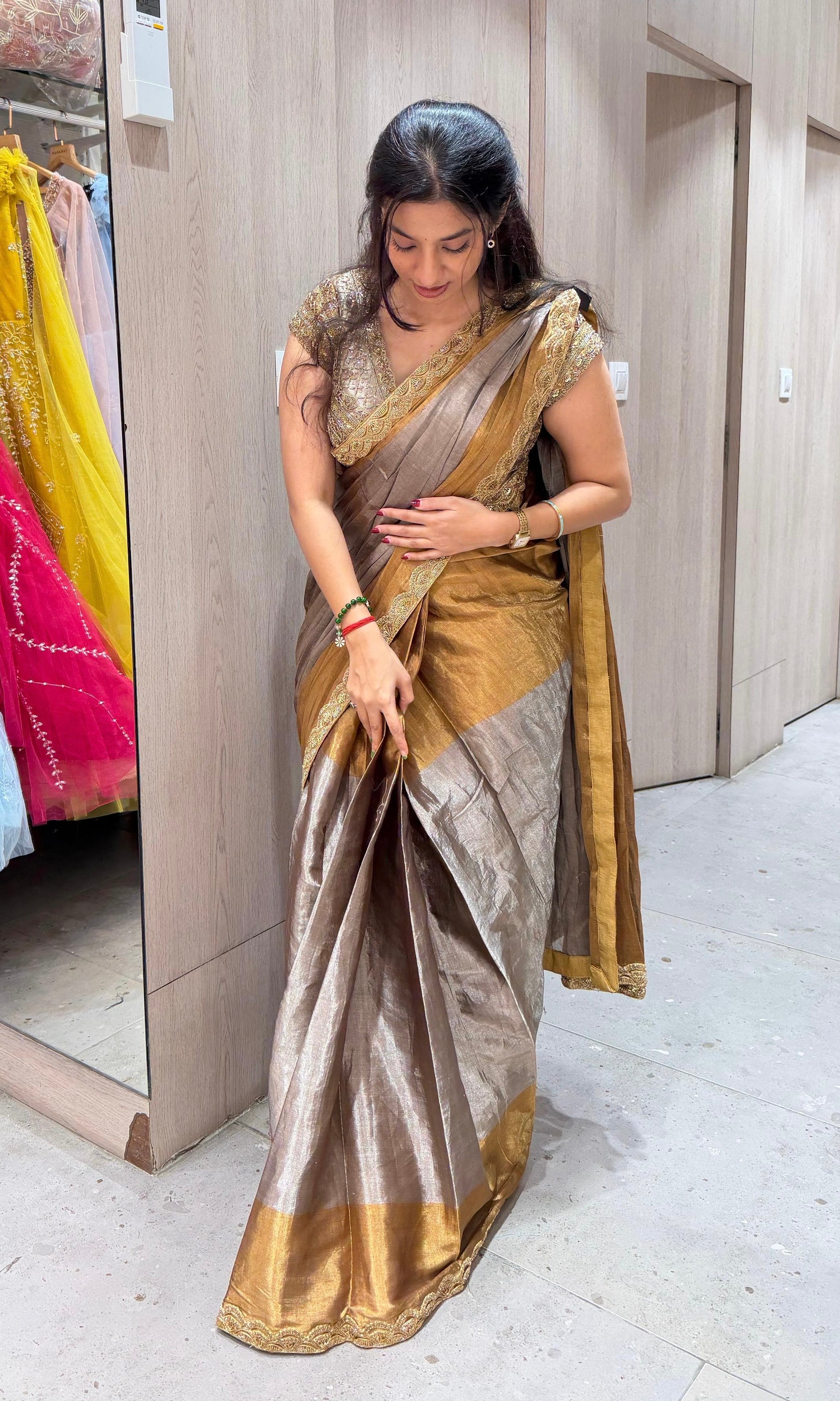 Grey AND GOLD saree WITH EMBROIDERED BLOUSE