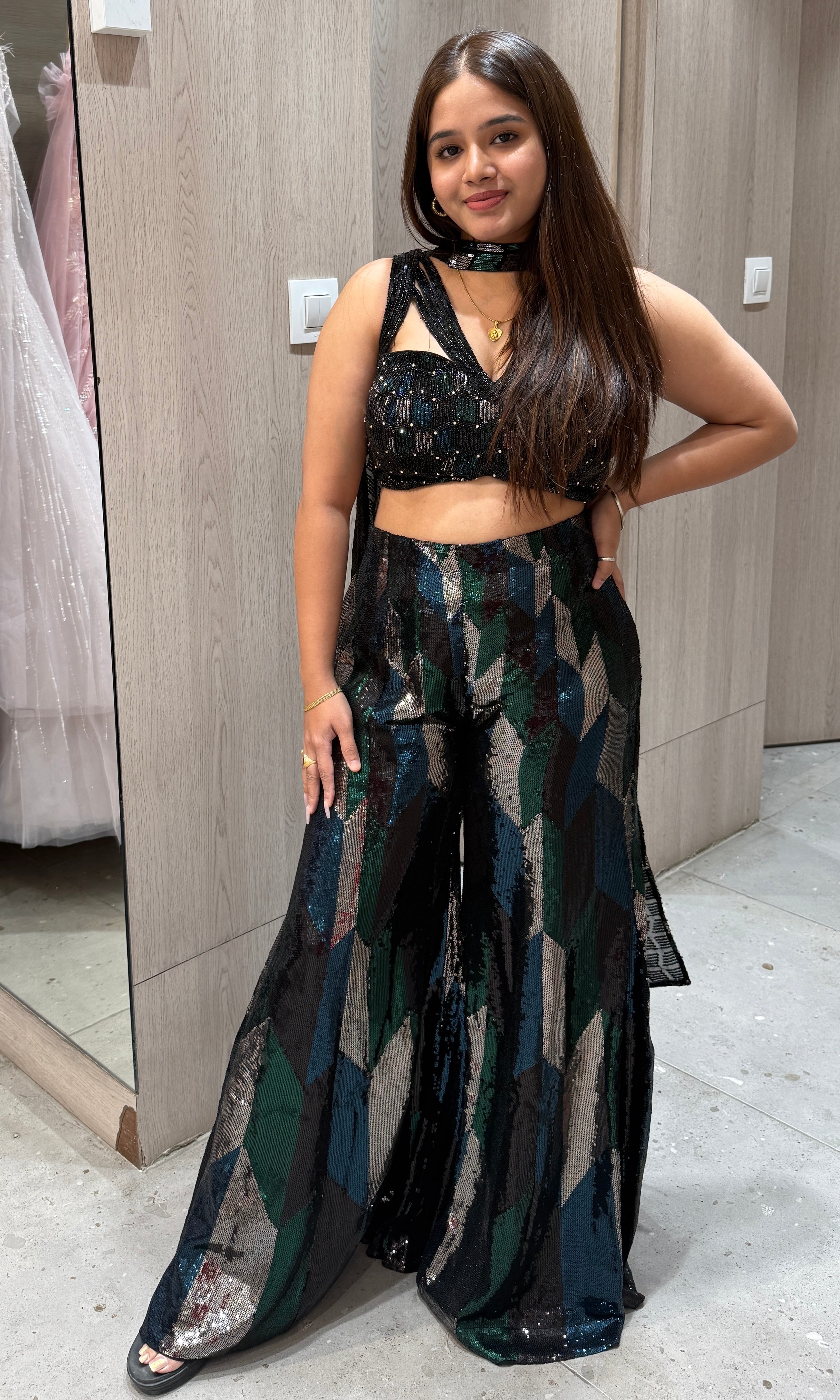 Black palazzo with designer blouse