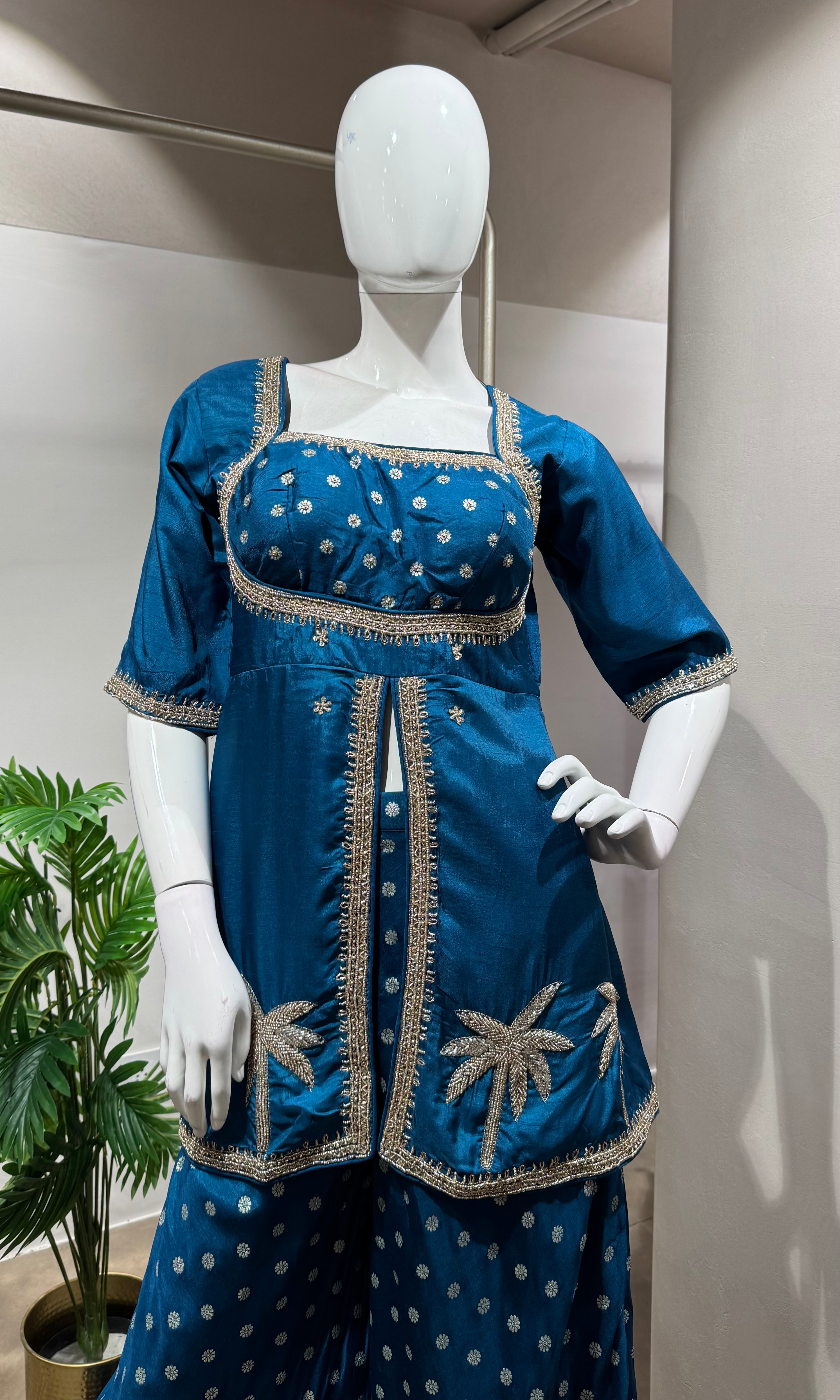 BLUE PEPLUM FRONT SLIT PALAZZO SET