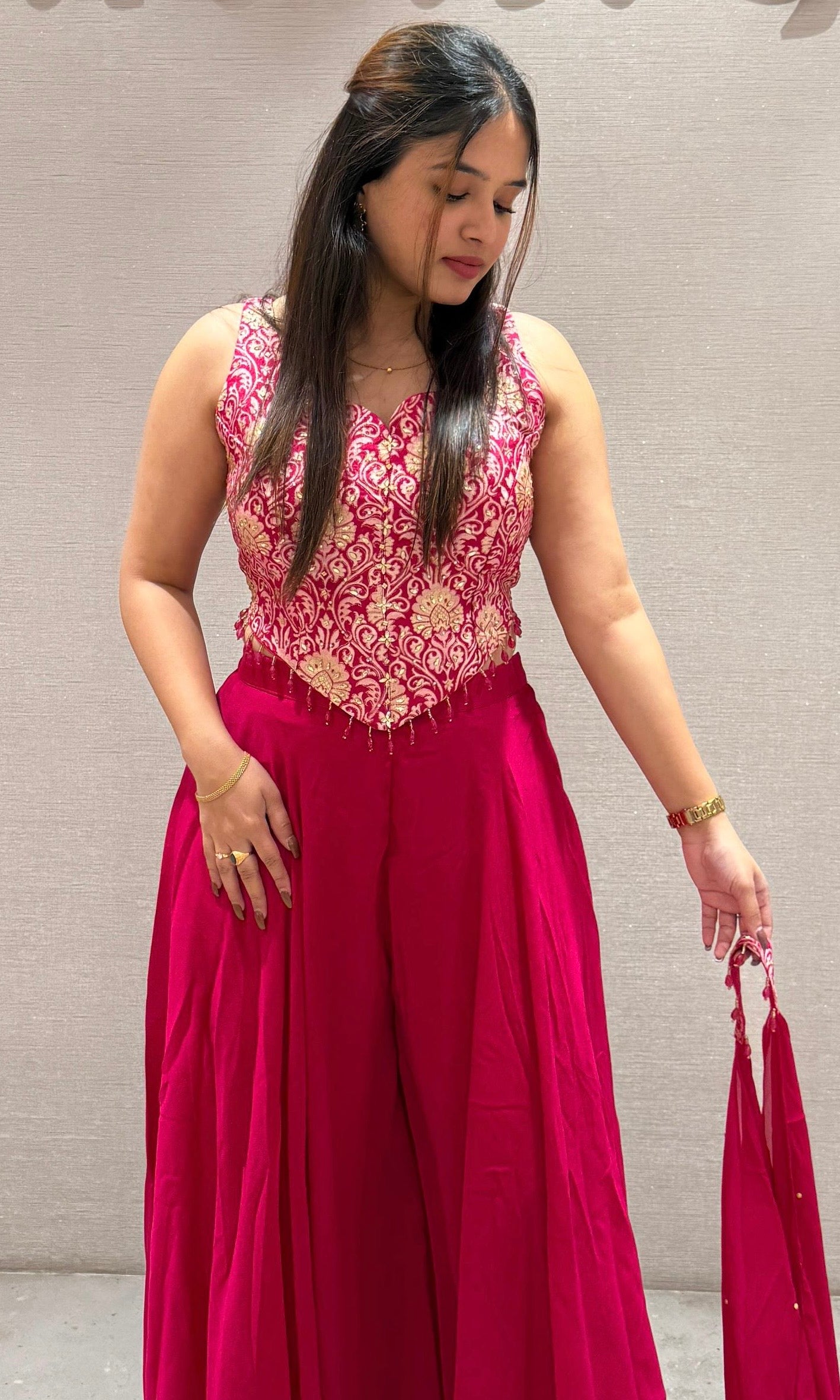 Pink palazzo with corset embroidered blouse