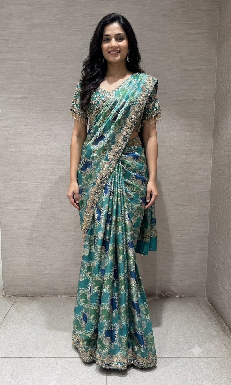 Green printed saree with an embellished Blouse