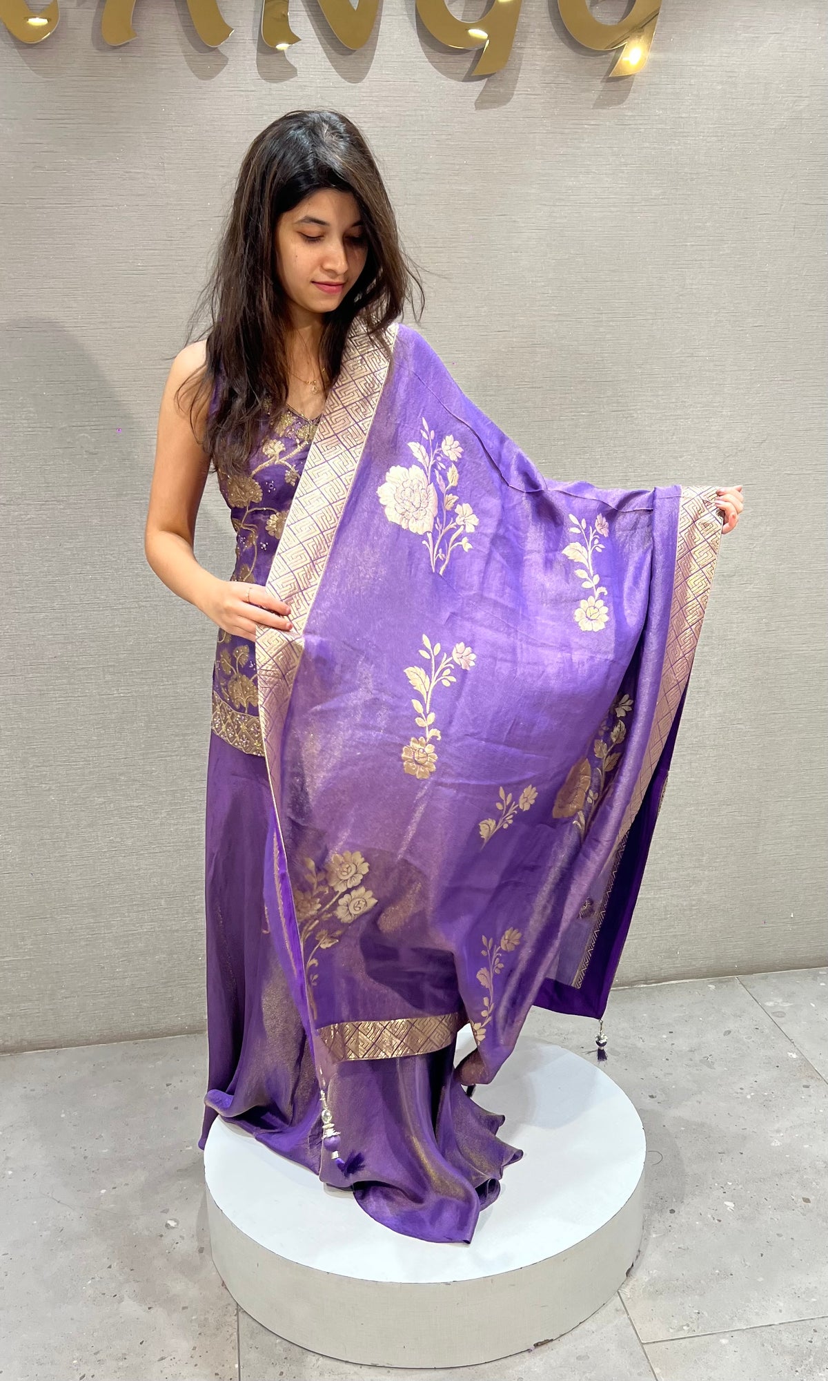 Purple tissue silk Embroidered Peplum Palazzo set