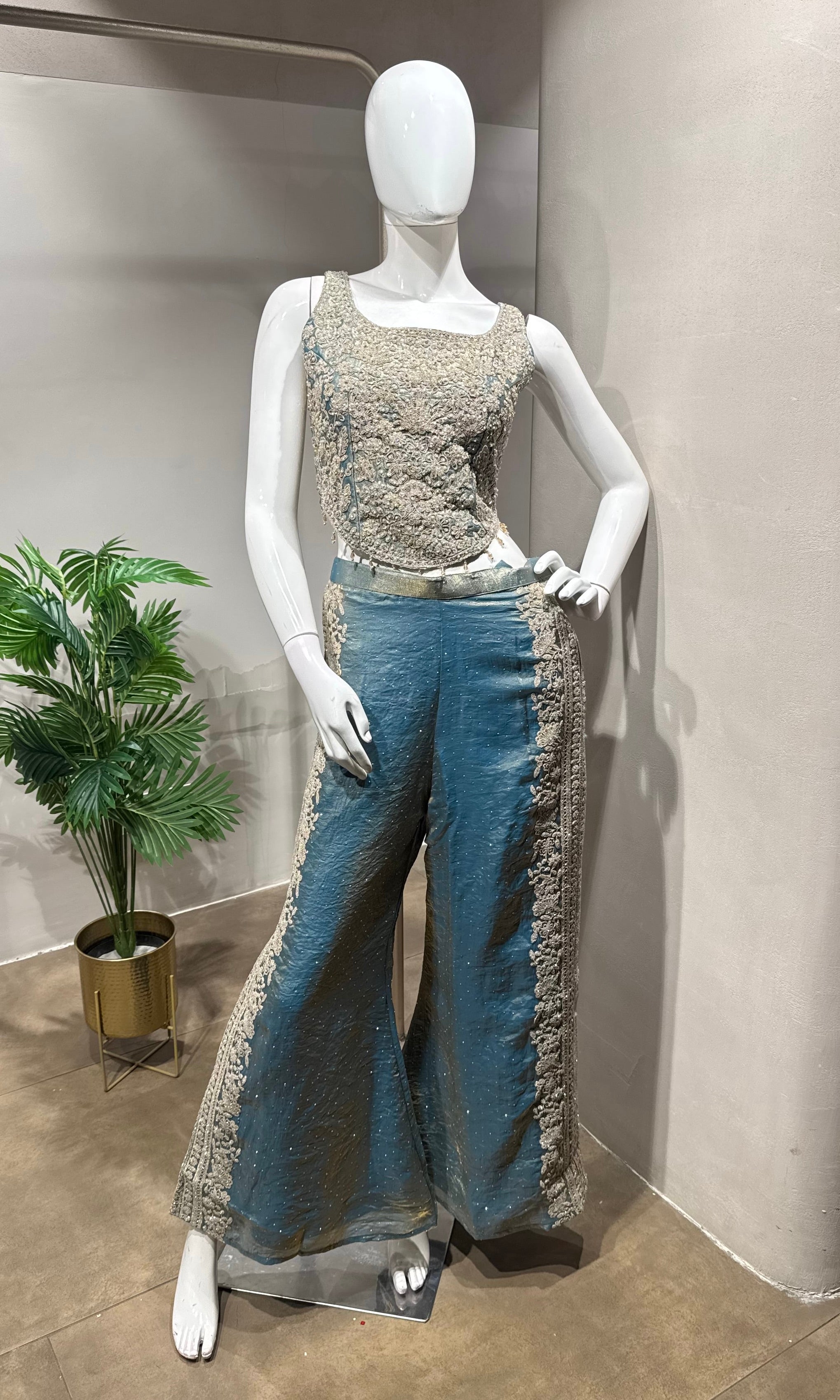 Blue golden Embroidered palazzo Set