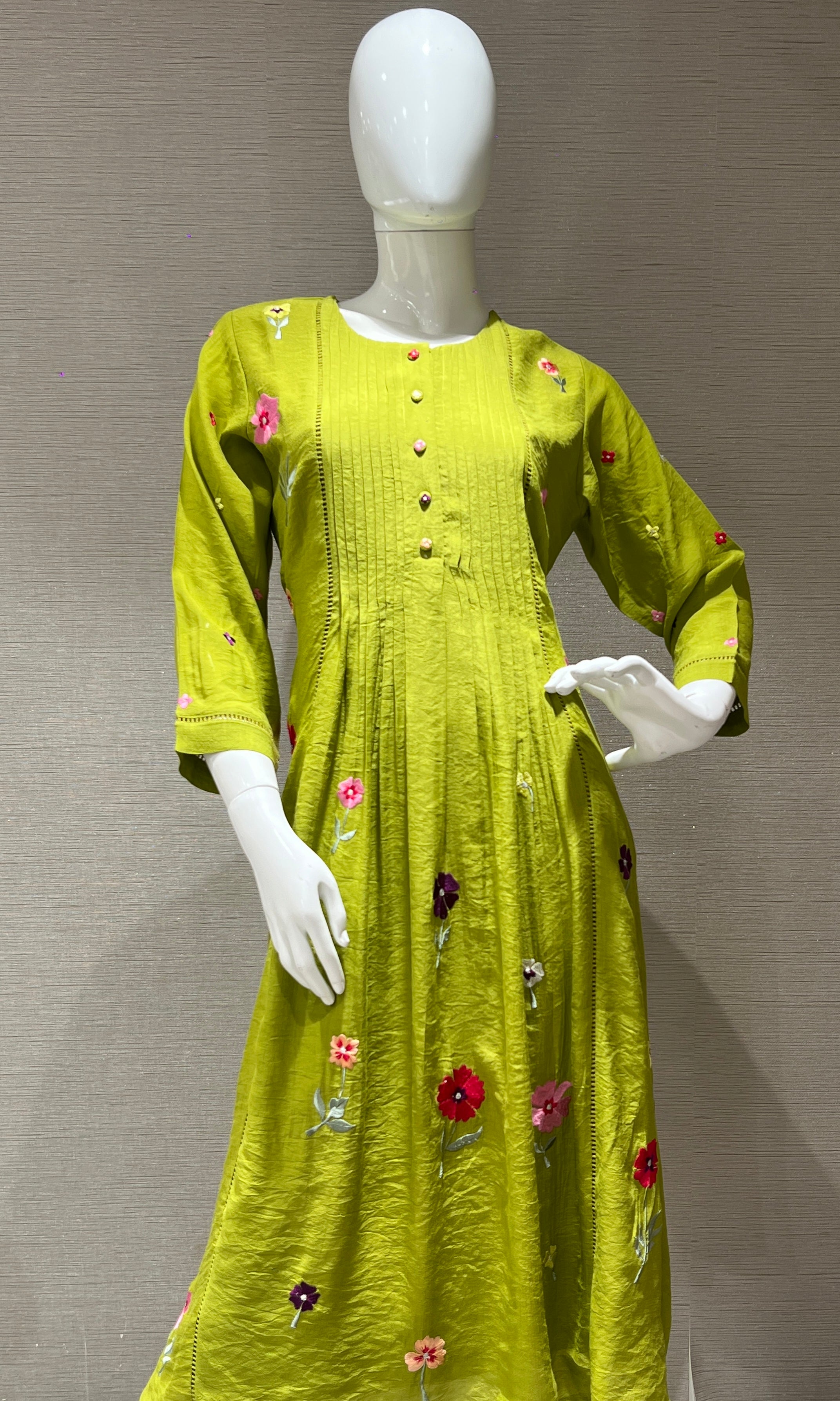 Green Floral embroidery A- Line top