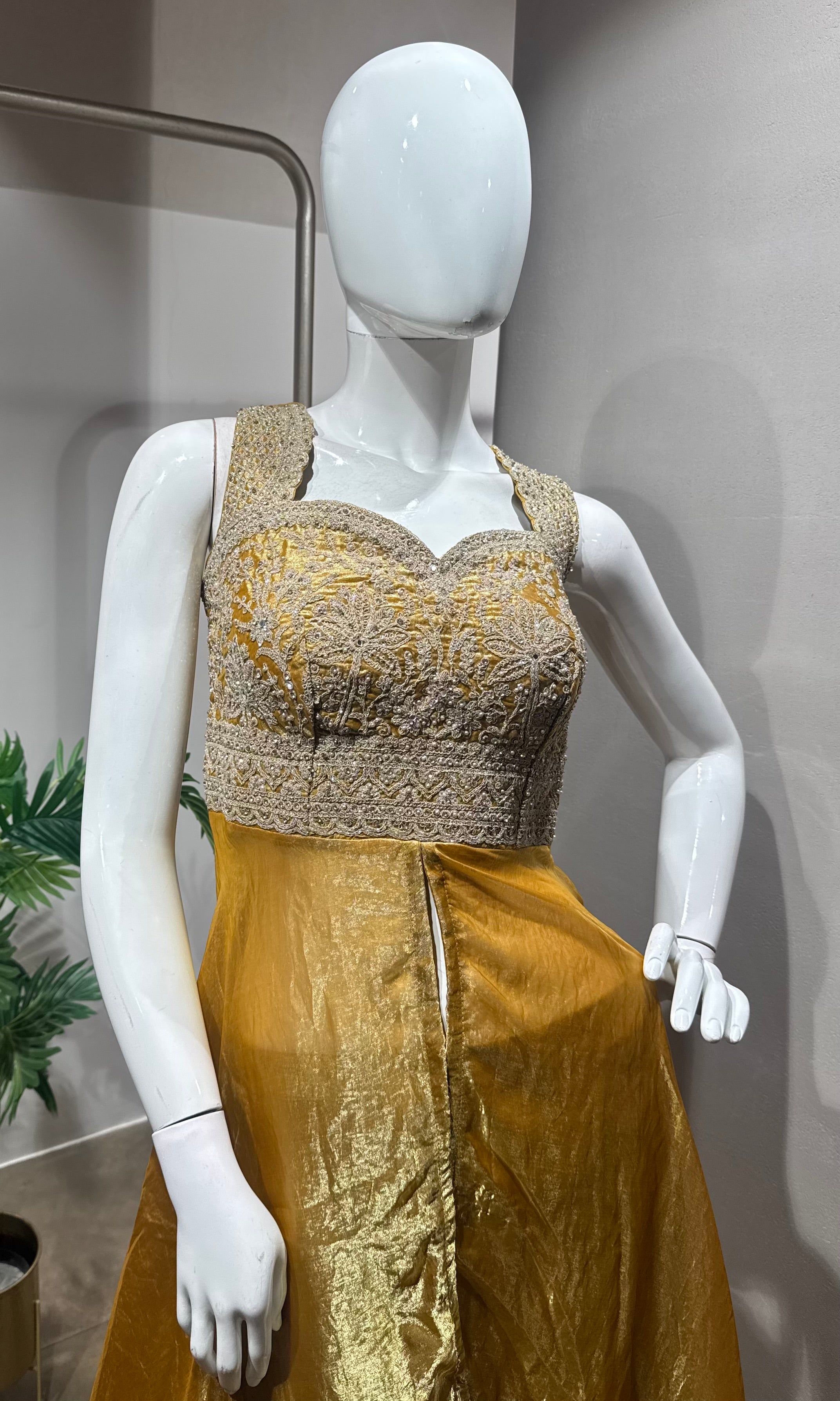 Yellow Silk Palazzo Suit with Embroidered Bodice