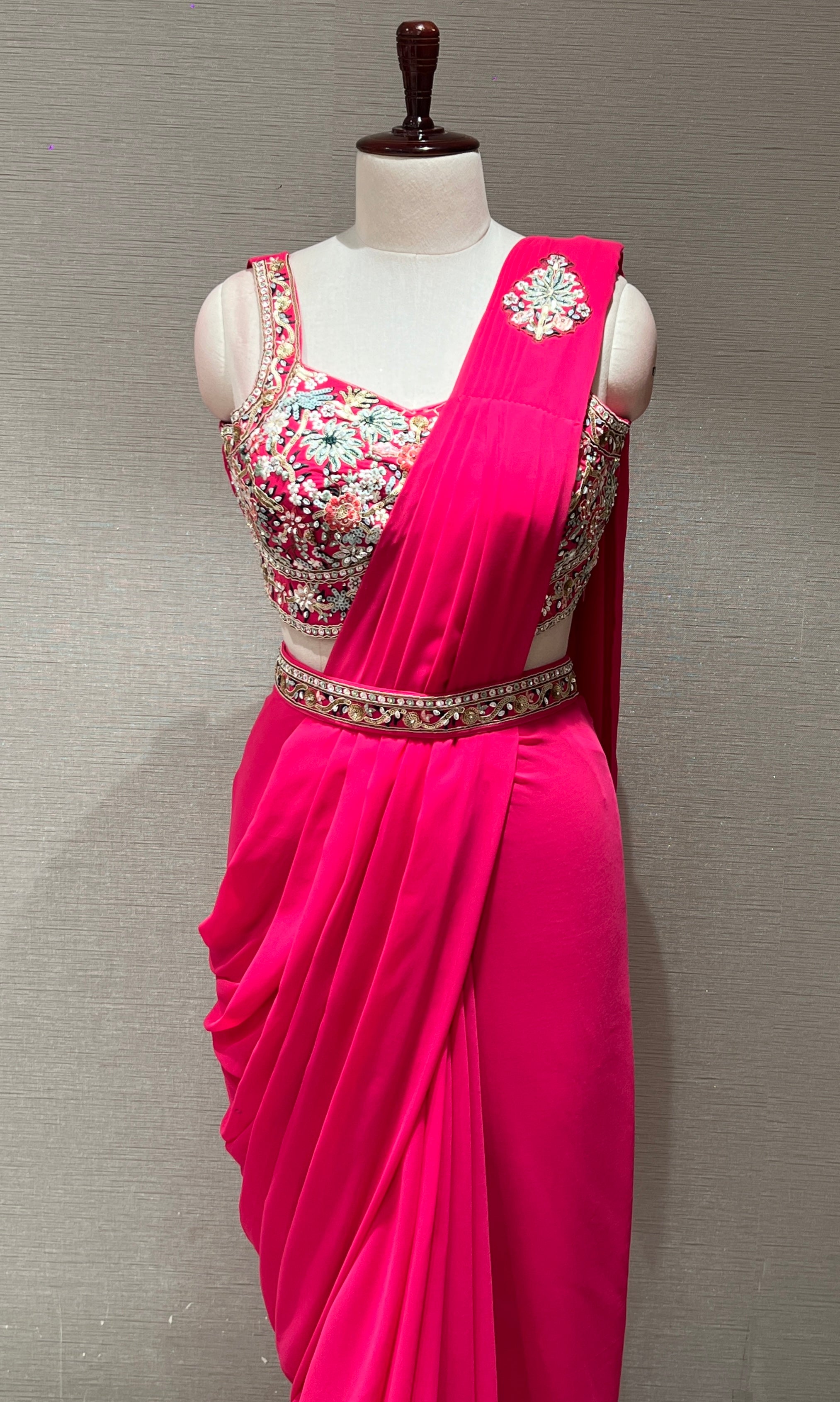 Pink drape saree WITH FLORAL BLOUSE