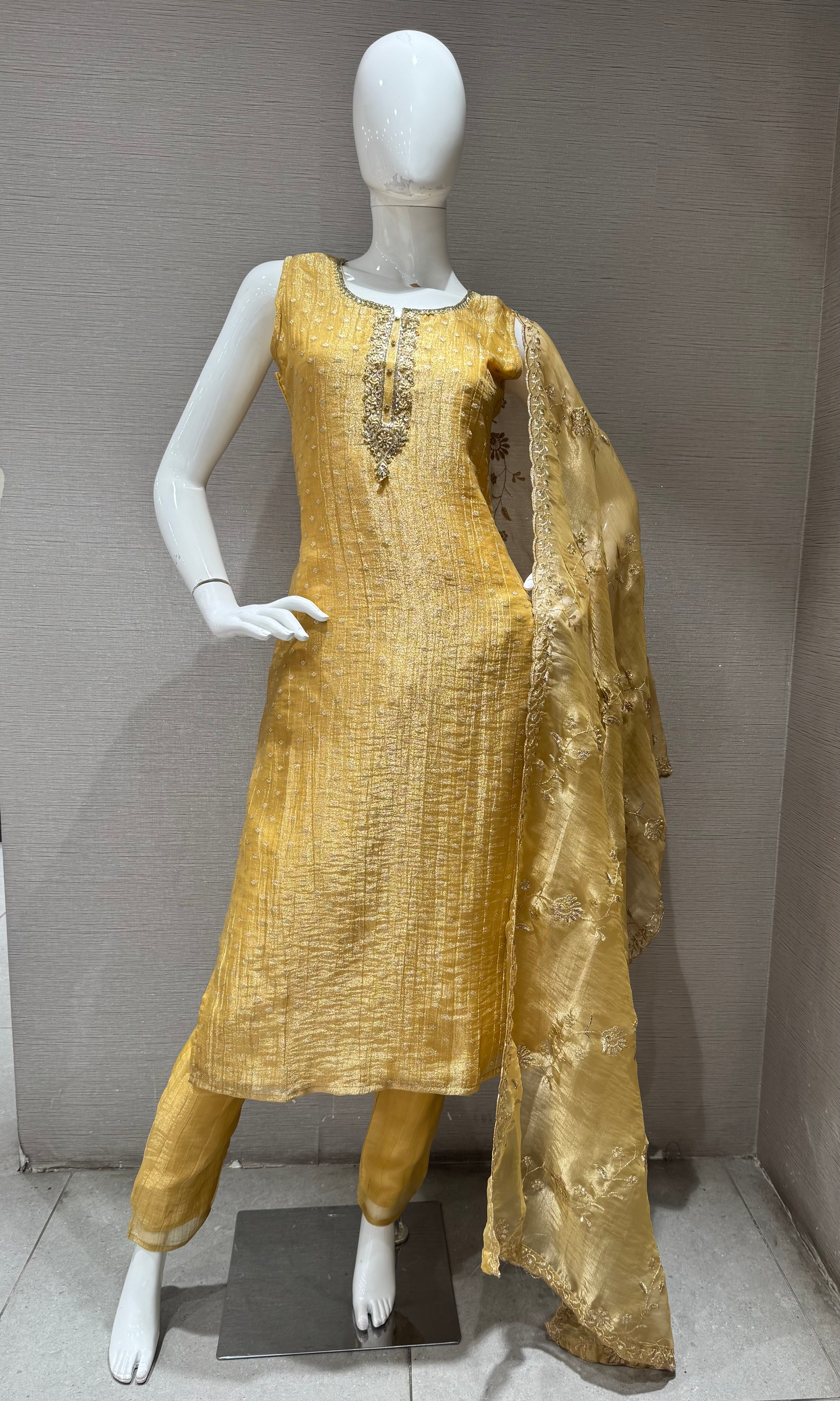Yellow Shimmer Golden ethnic kurta set