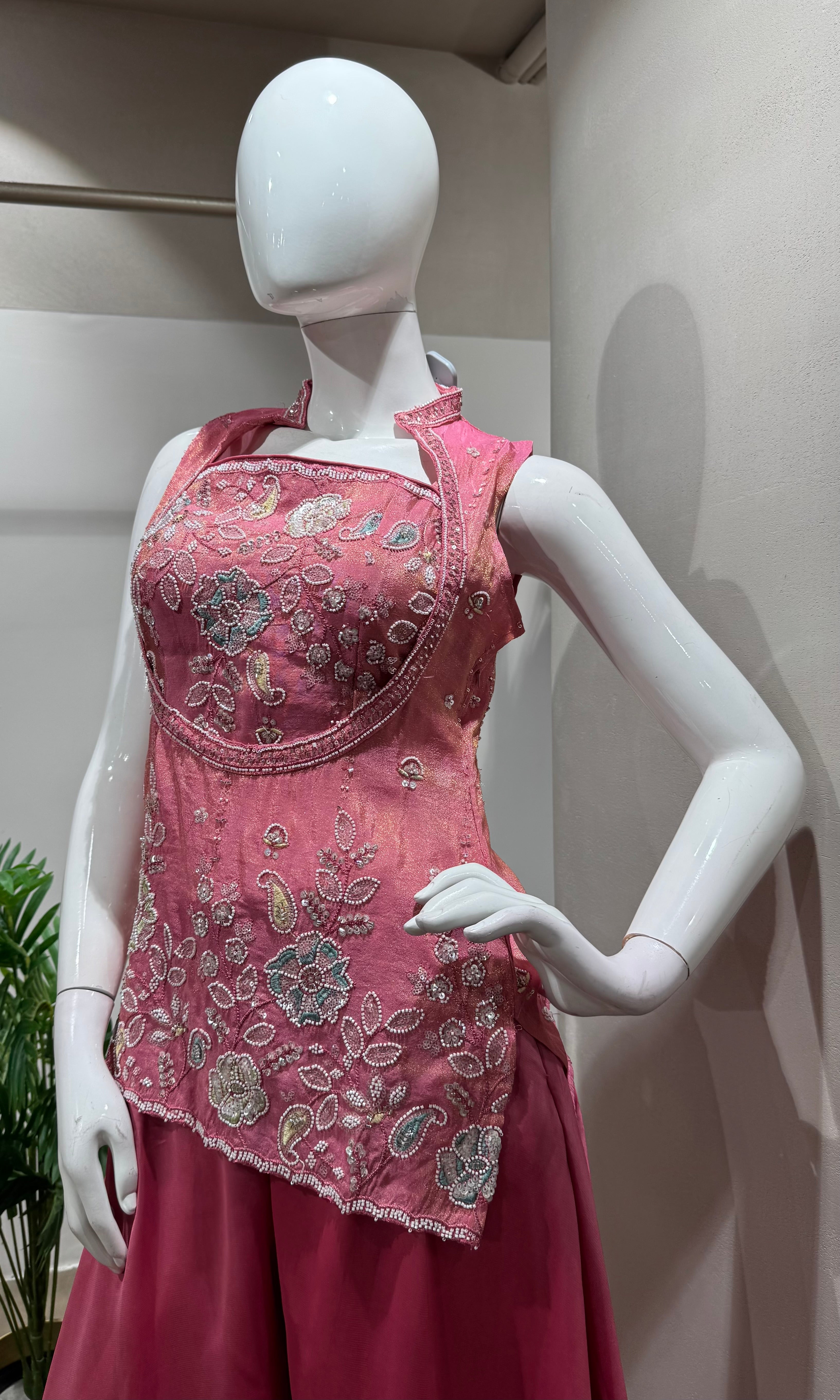 Pink Embroidered Peplum & Palazzo Set