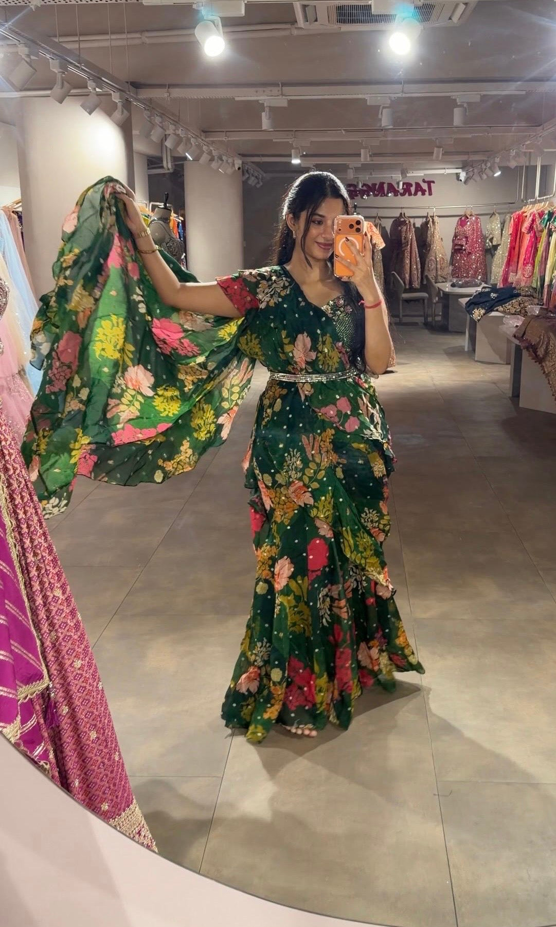 Green MULTI FLORAL drape saree