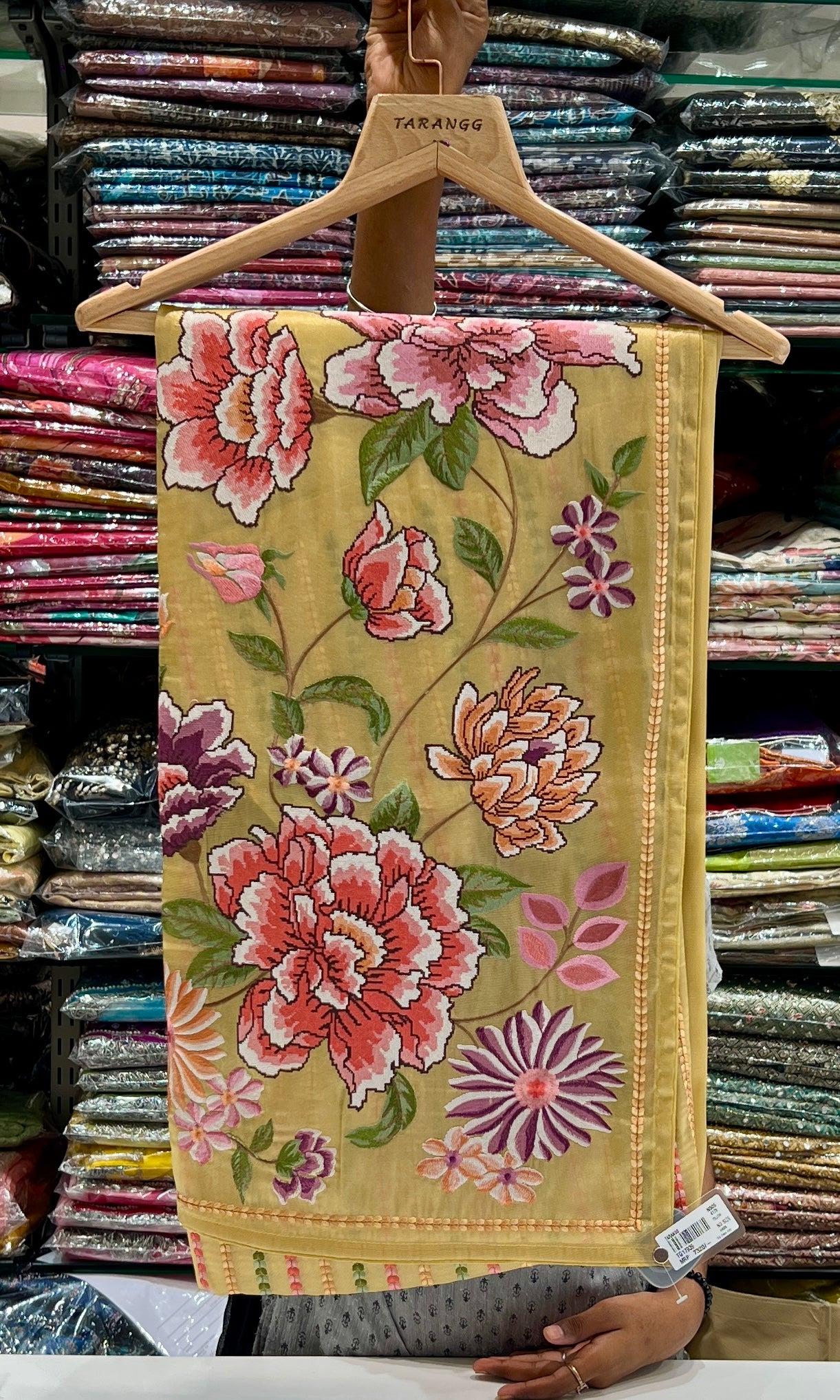 Yellow Floral Printed Saree with Scallop Border