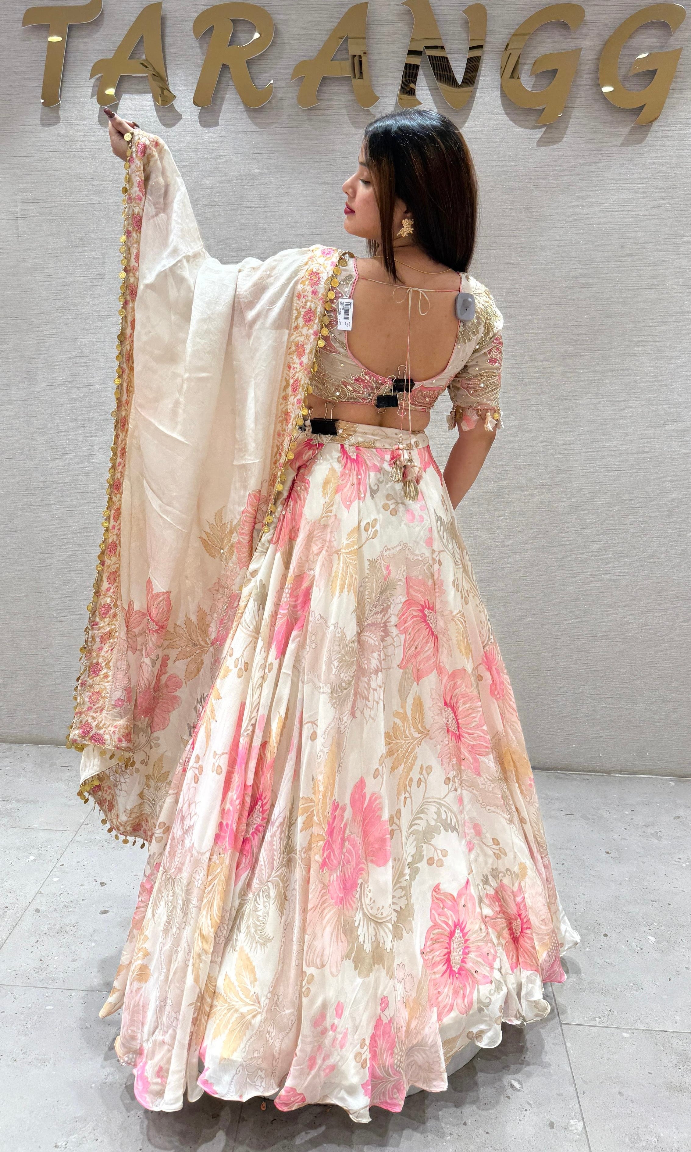 White and pink floral printed Lehenga