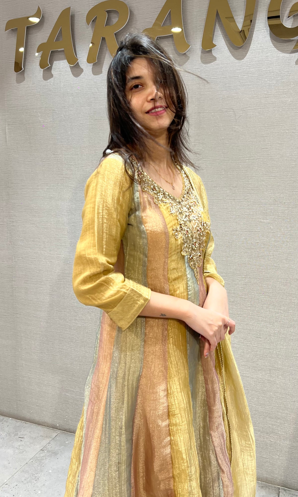 Gold Tissue silk anarkali set with dupatta