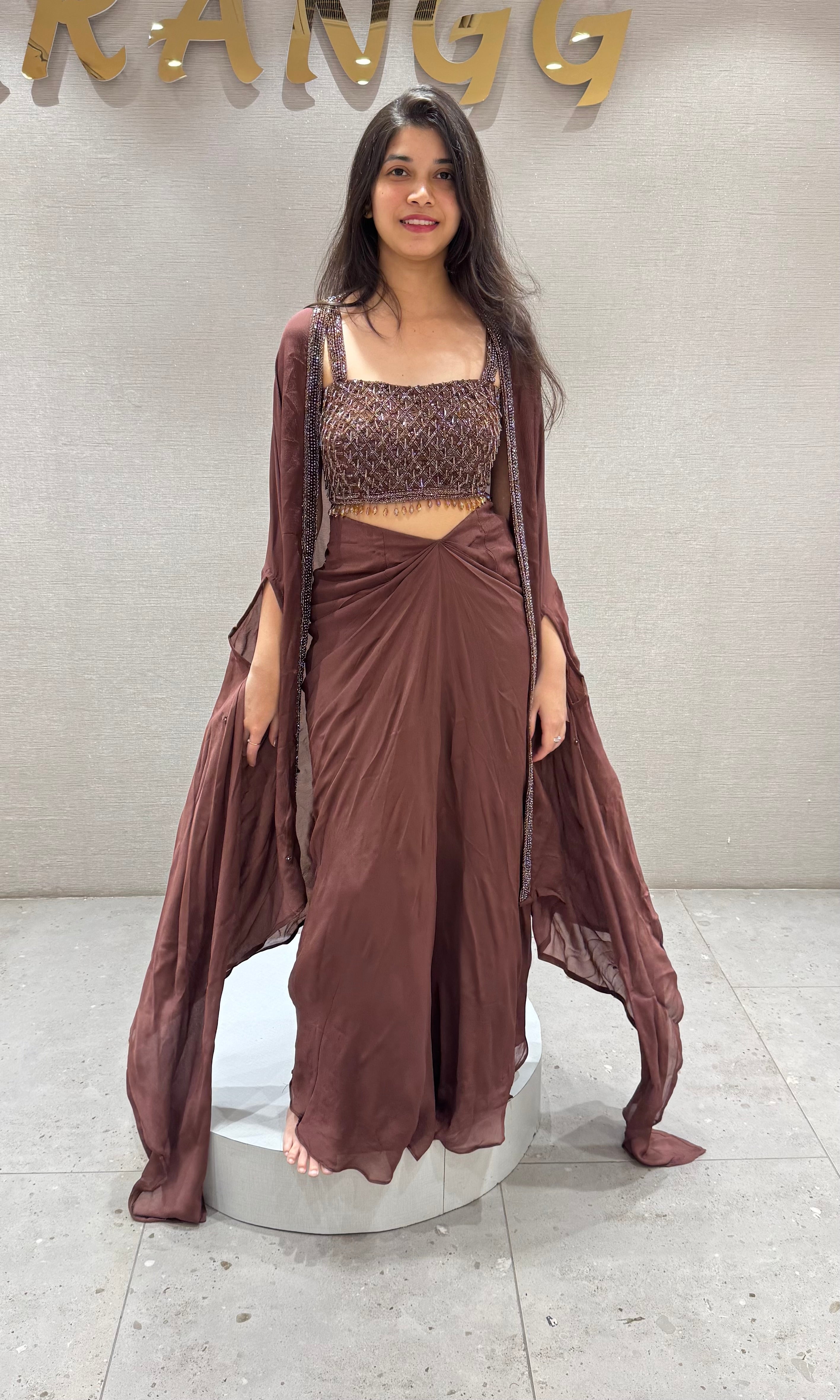 Brown DRAPE SAREE WITH CORSET BLOUSE & CAPE