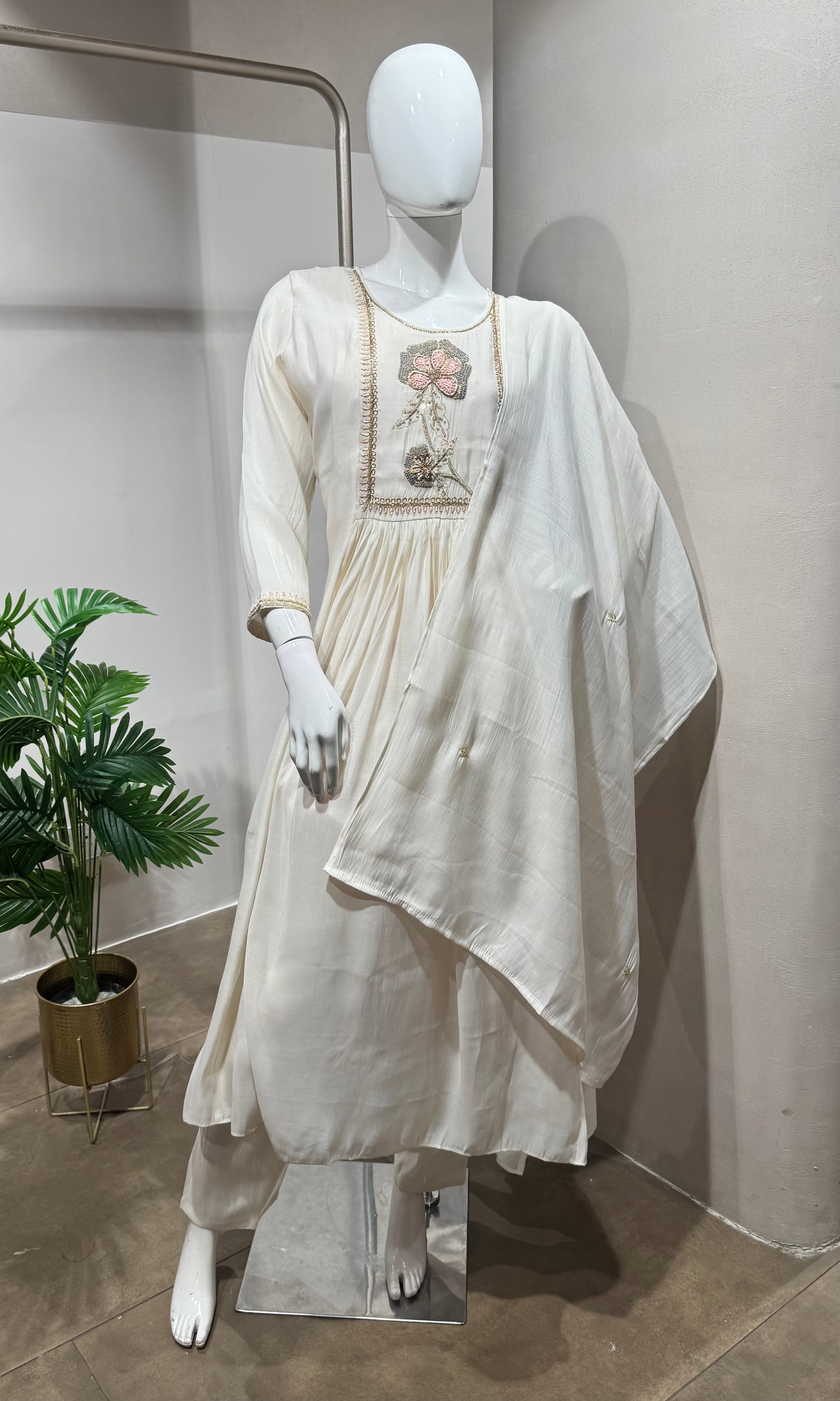 Cream Blossom Floral Embroidered KURTA Set