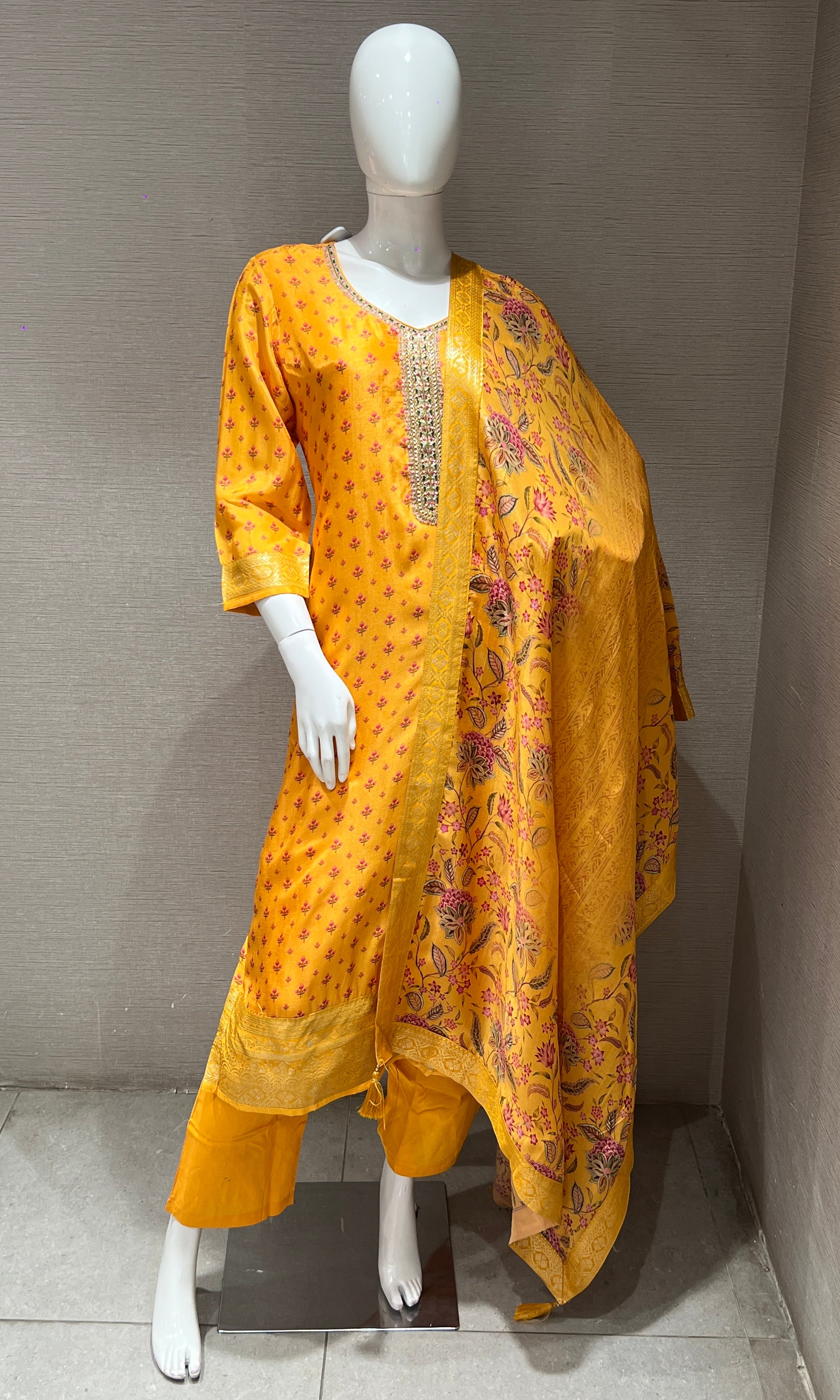 yellow embroidered printed kurta set