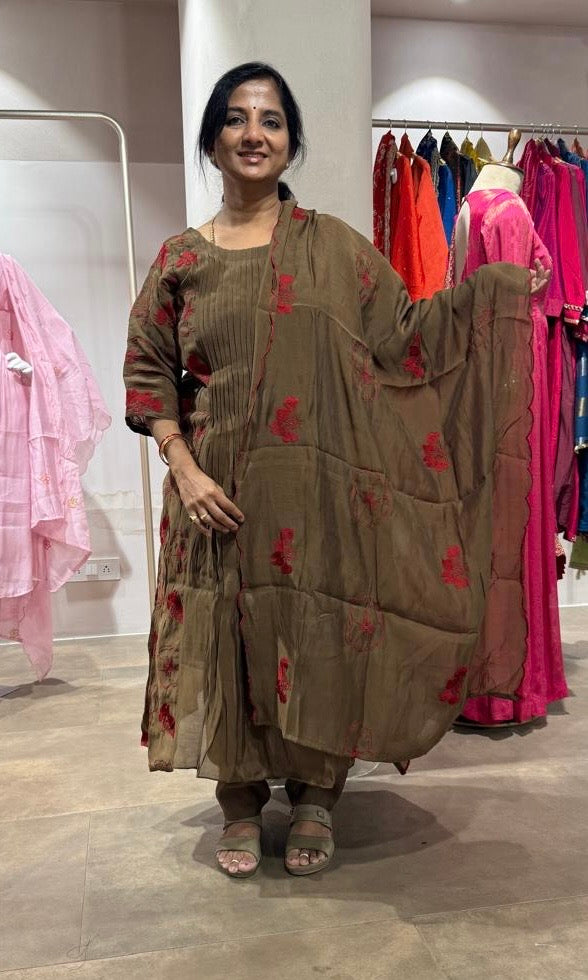 Brown Embroidered Mul Cotton Kurta Set