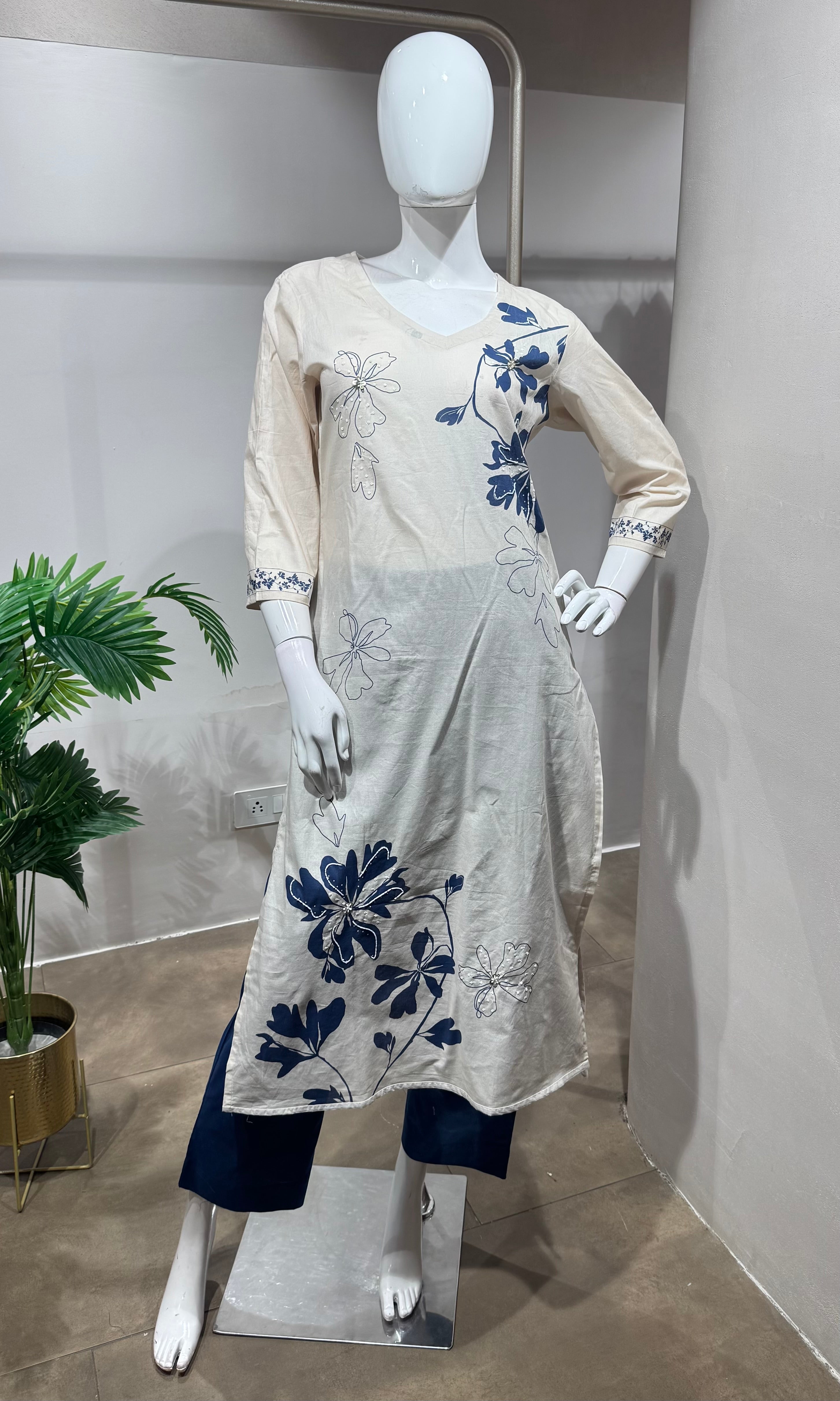 CREAM floral print straight-cut kurta set