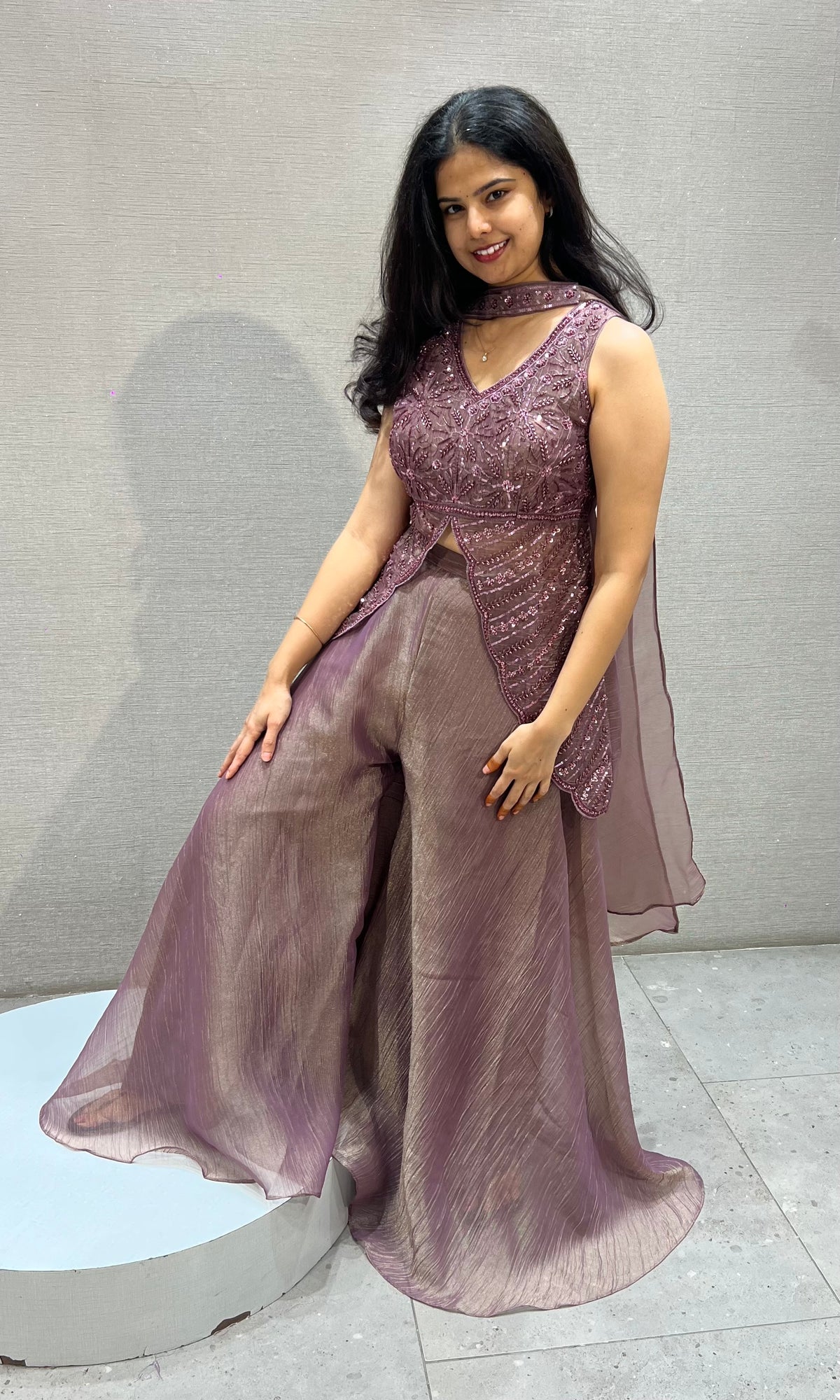 Mauve tissue Silk Palazzo Set with butterfly top & dupatta