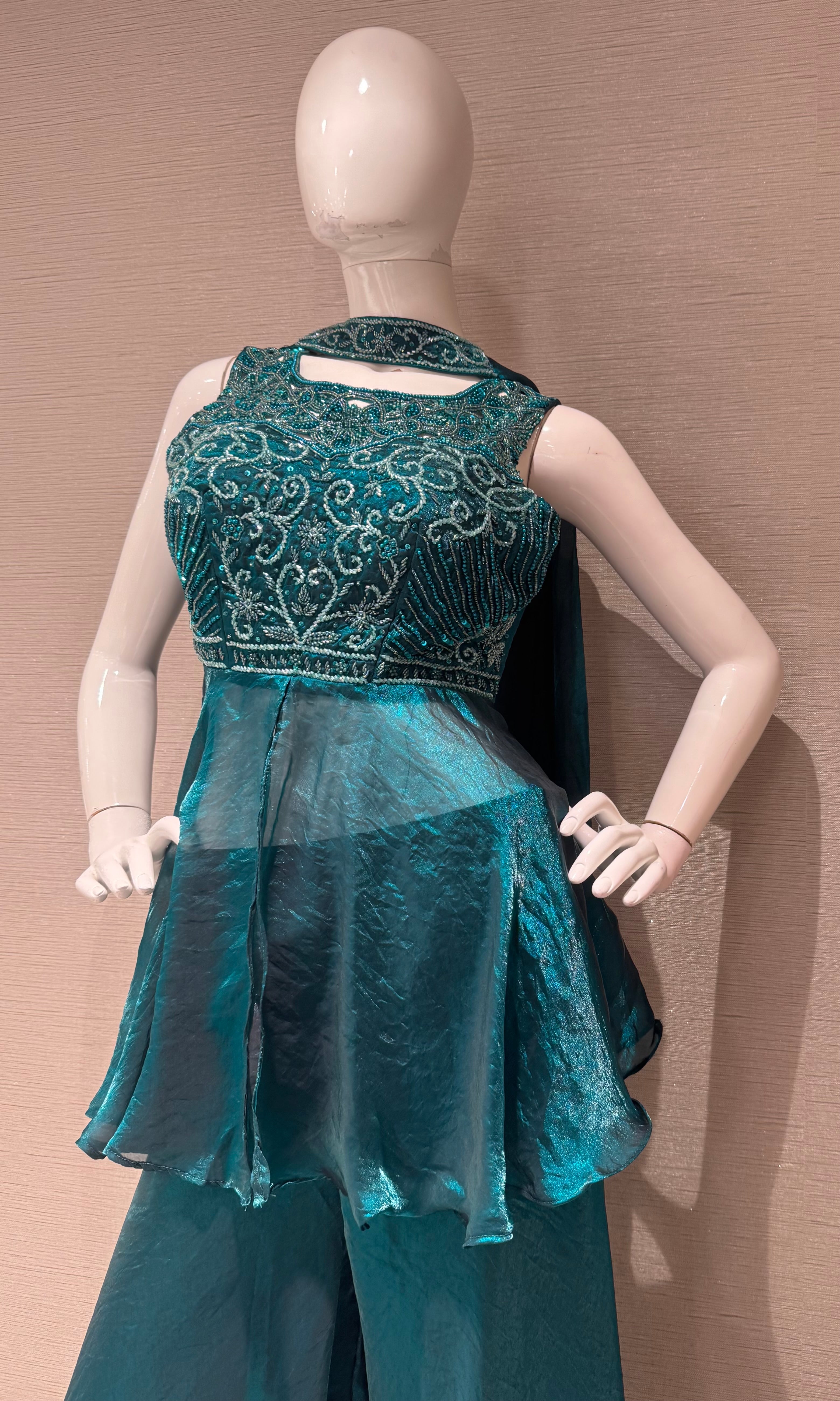 Green embroidered peplum palazzo set